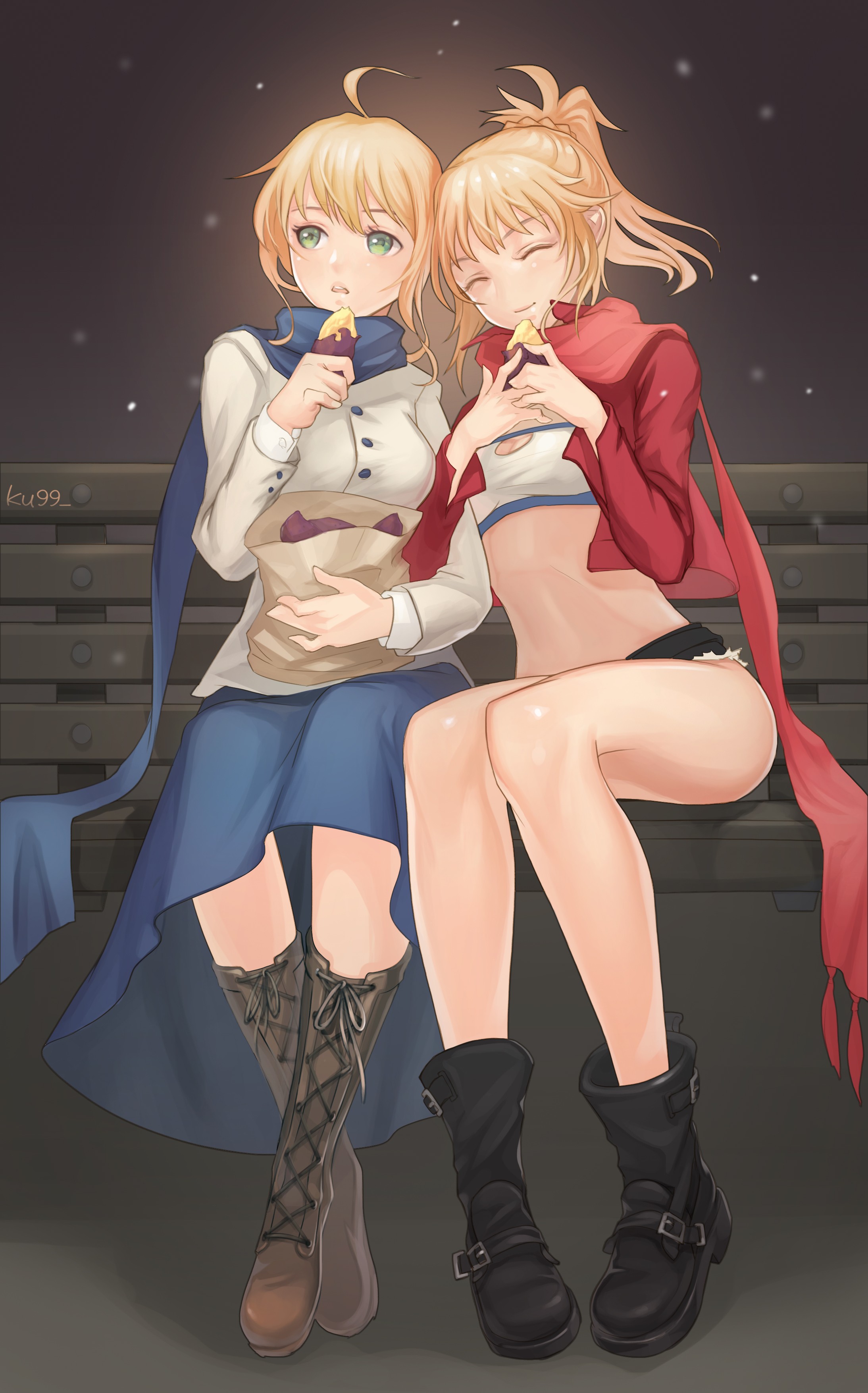 Anime 2187x3508 cleavage Fate/Grand Order Fate/Stay Night Saber Mordred (Fate/Apocrypha) Fate series Artoria Pendragon Ku99 anime girls bench sitting blonde green eyes scarf anime girls eating