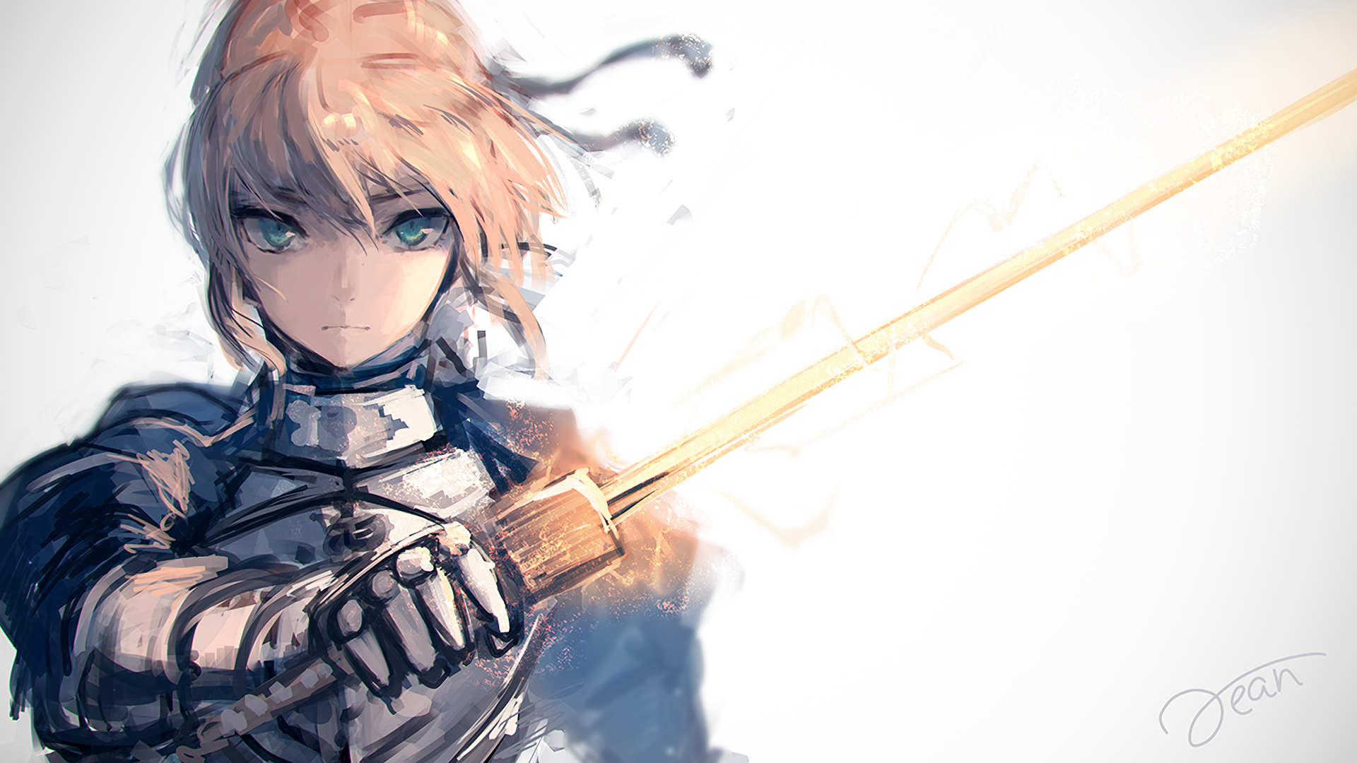 Anime 1920x1080 Fate series Fate/Stay Night anime girls Fate/Zero women with swords female warrior 2D anime hair blowing in the wind bangs looking at viewer Saber Artoria Pendragon simple background aqua eyes Excalibur fan art blonde