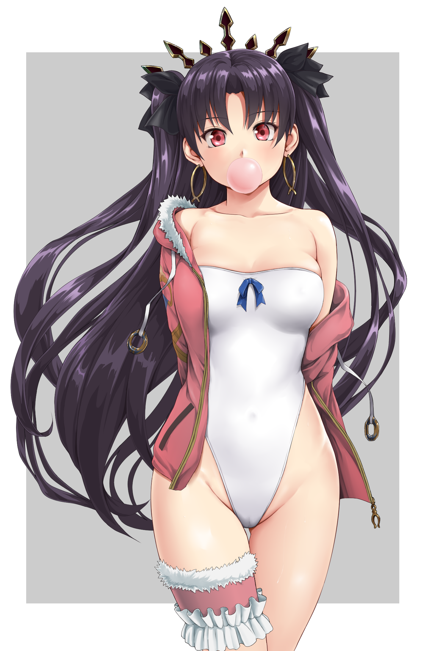 Anime 1415x2190 anime anime girls twintails one-piece swimsuit cameltoe long hair looking at viewer Ishtar (Fate/Grand Order) bubble gum Fate series Fate/Grand Order open jacket