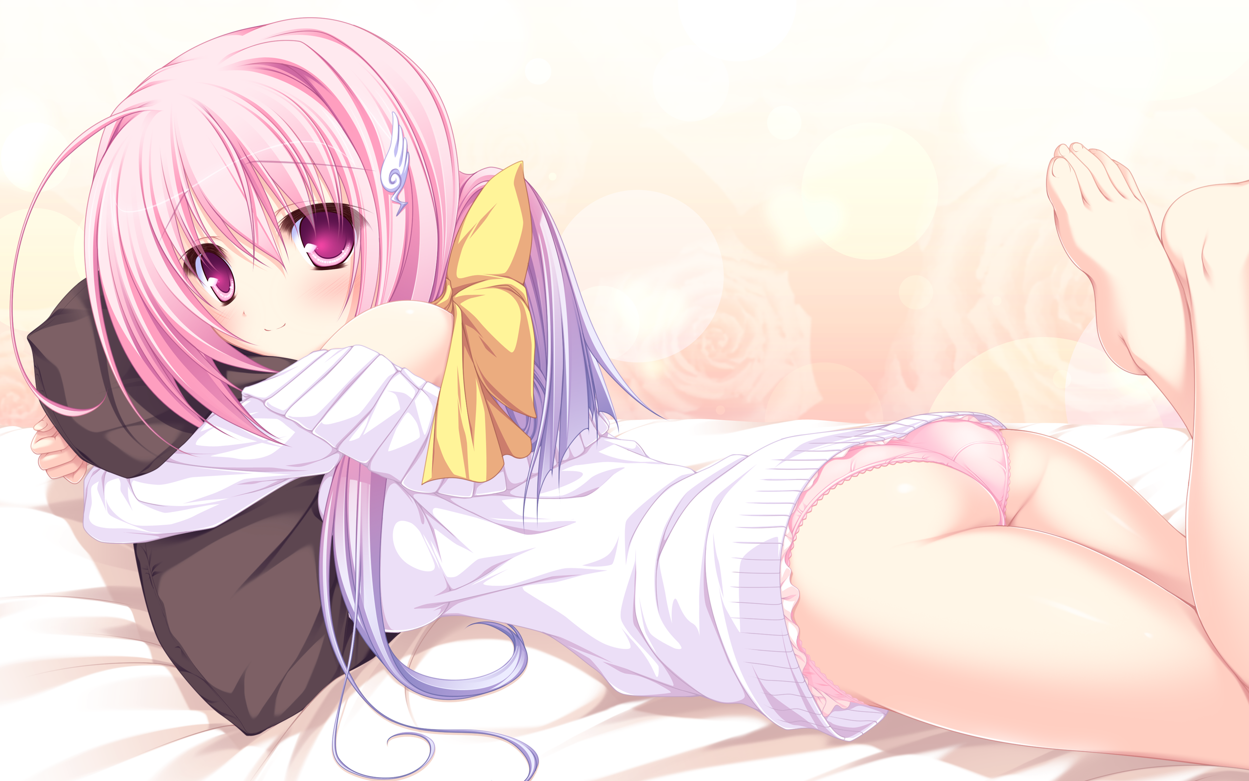 Anime 2560x1600 Tsuneha Miki 77 (Visual Novel) pink hair panties ass in bed Mikagami Mamizu pink eyes lying on front