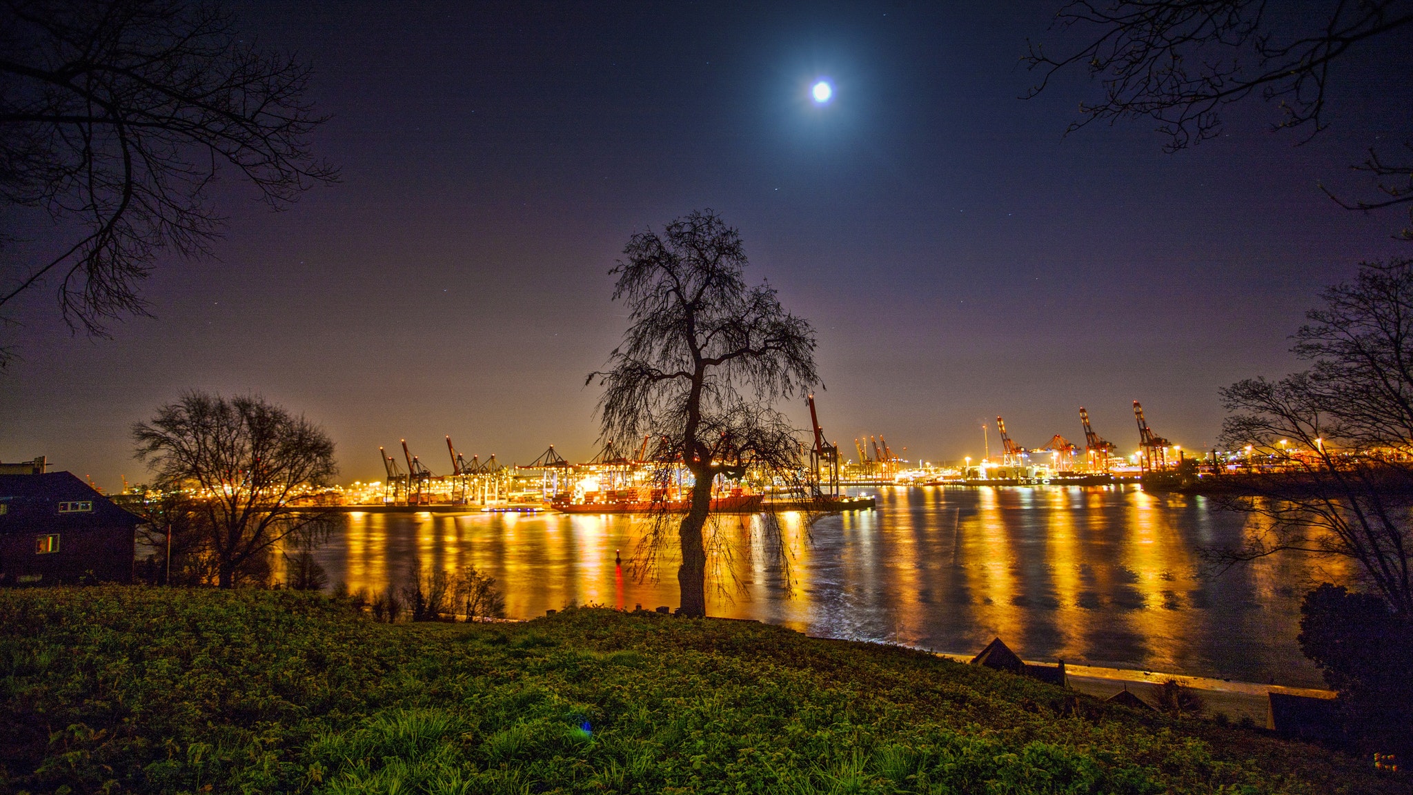 General 2048x1152 city sky Moon grass lights harbor ports outdoors river water night