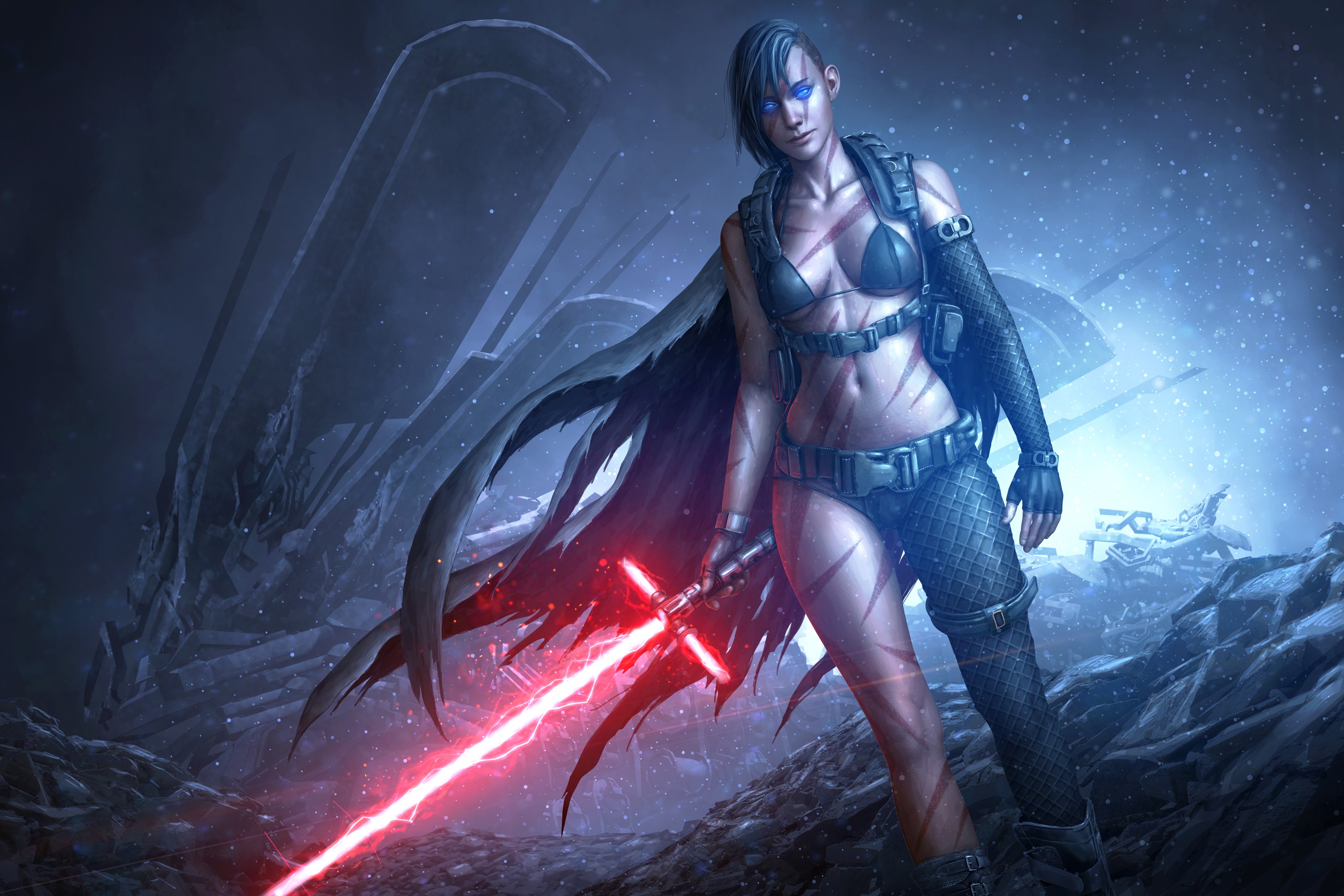 General 3000x2000 fantasy girl lightsaber Star Wars science fiction Sith boobs artwork blue eyes belly women fan art science fiction women