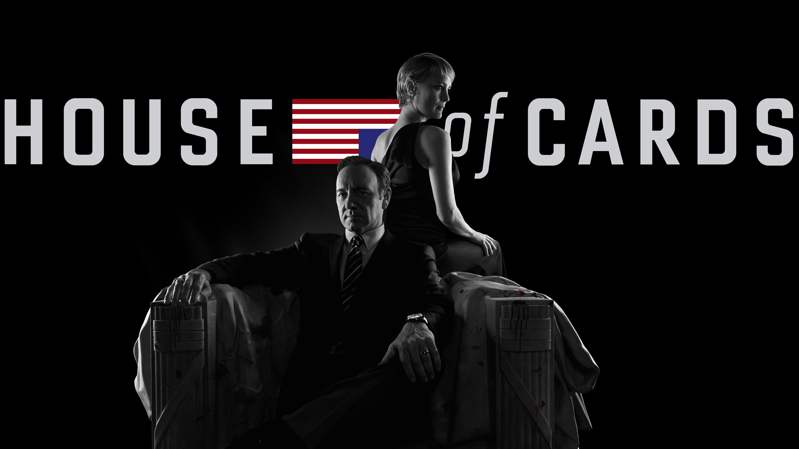 General 2560x1440 House of Cards Frank Underwood Kevin Spacey Robin Wright Claire Underwood American flag sitting couple black background TV series digital art simple background text low light