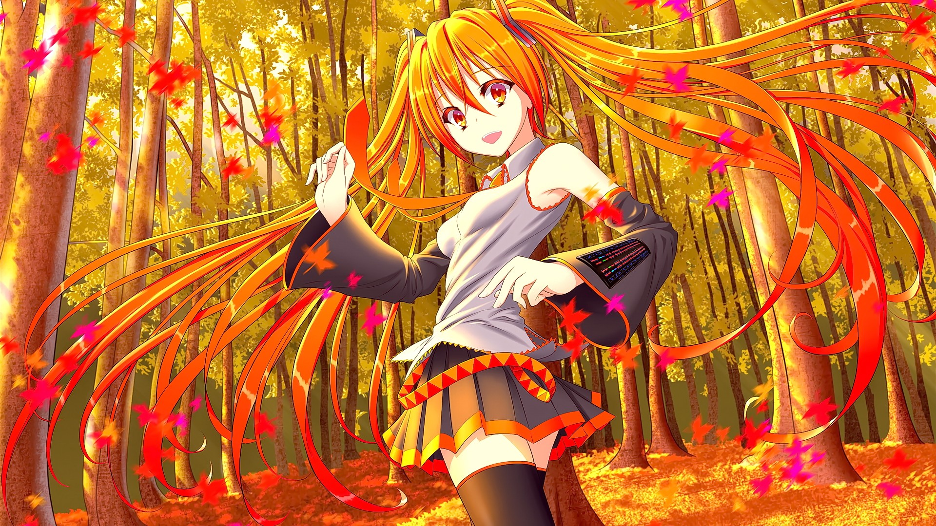 Anime 1920x1080 anime anime girls long hair smiling looking at viewer Akita Neru skirt women outdoors fallen leaves leaves fall trees open mouth