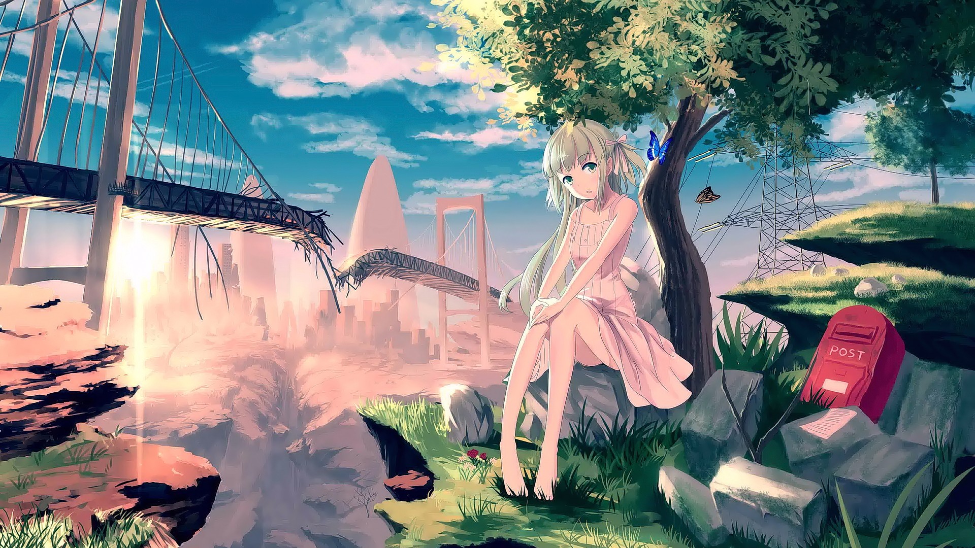Anime 1920x1080 anime girls anime outdoors barefoot bridge ruins trees sitting long hair looking at viewer