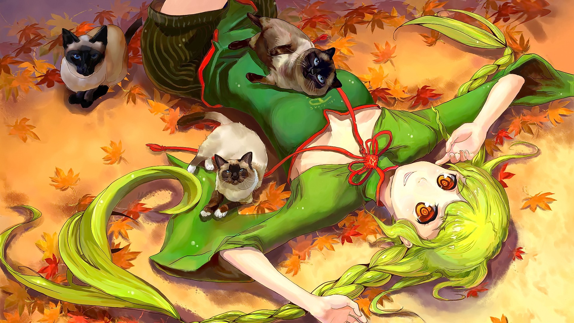 Anime 1920x1080 anime anime girls green hair long hair original characters cats animals mammals green clothing lying on back fallen leaves leaves