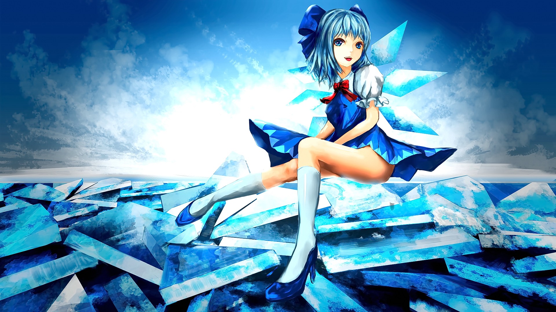 Anime 1920x1080 anime anime girls blue eyes short hair hairband smiling sitting looking at viewer Touhou Cirno legs thighs open mouth blue background dress