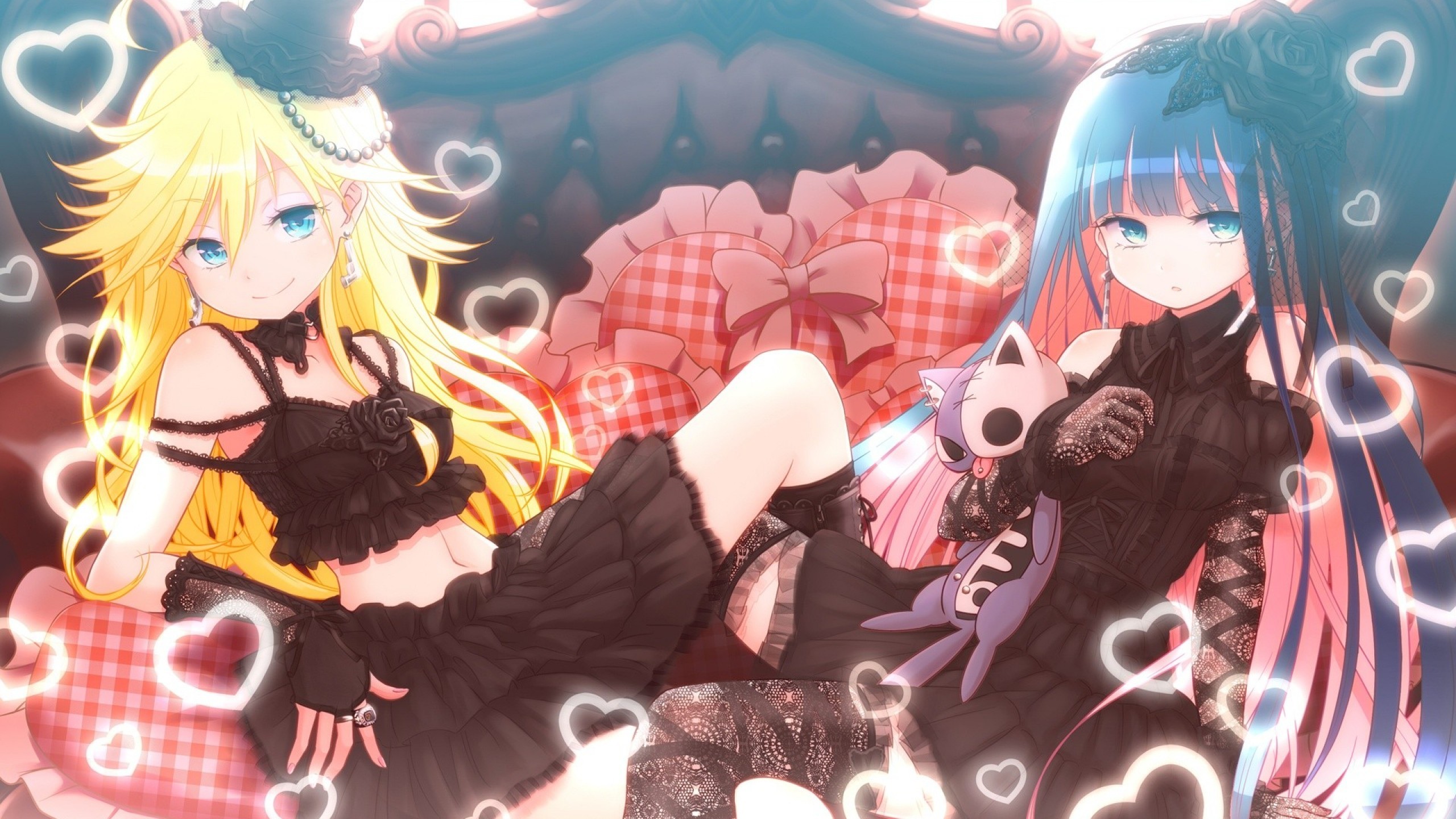 Anime 2560x1440 anime Panty and Stocking with Garterbelt Anarchy Stocking Anarchy Panty anime girls blonde two women looking at viewer smiling long hair
