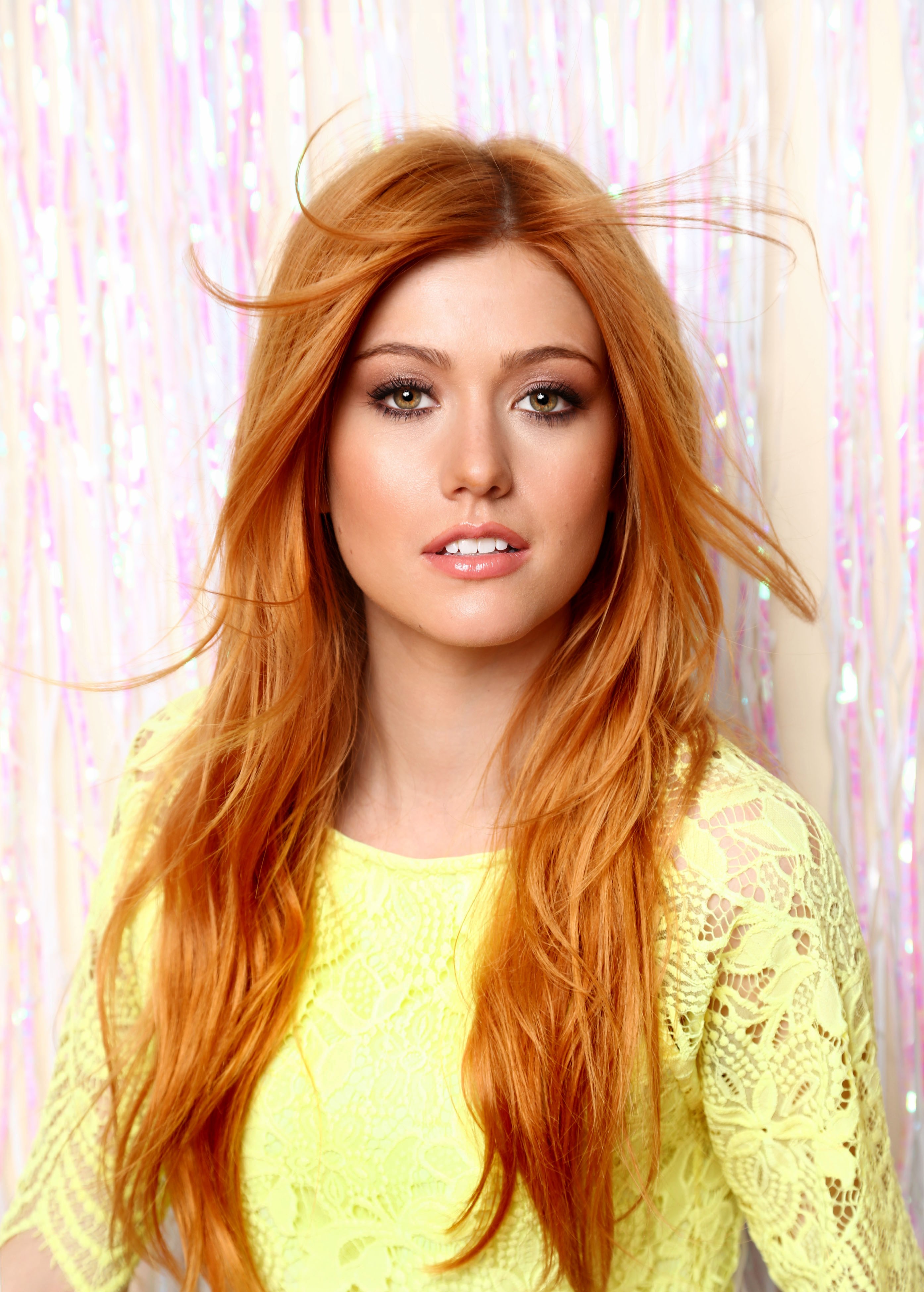 People 2790x3900 women actress redhead long hair Katherine Mcnamara portrait display looking at viewer yellow clothing face American women singer parted lips women indoors indoors dyed hair