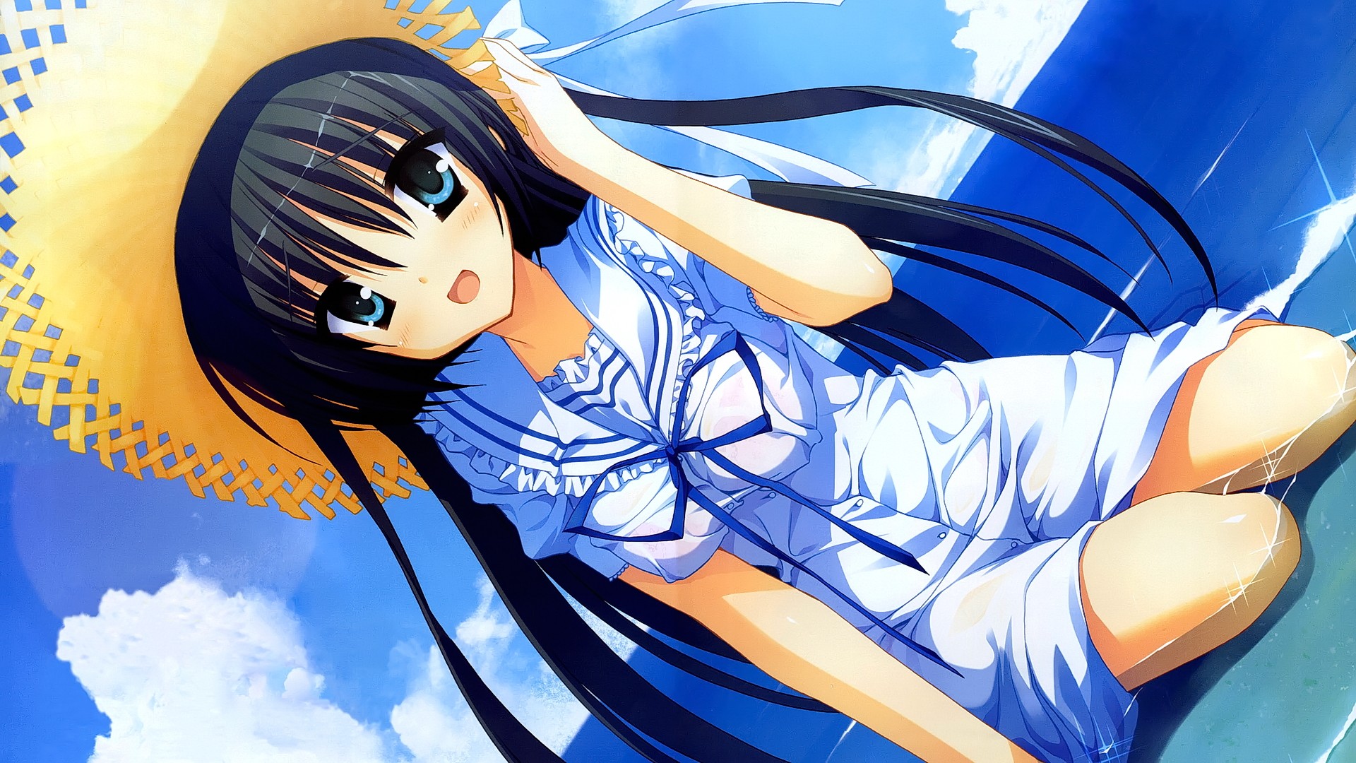 Anime 1920x1080 anime anime girls brunette long hair sky clouds water blue eyes smiling open mouth hat looking at viewer wet clothing Natsuzora Kanata straw hat
