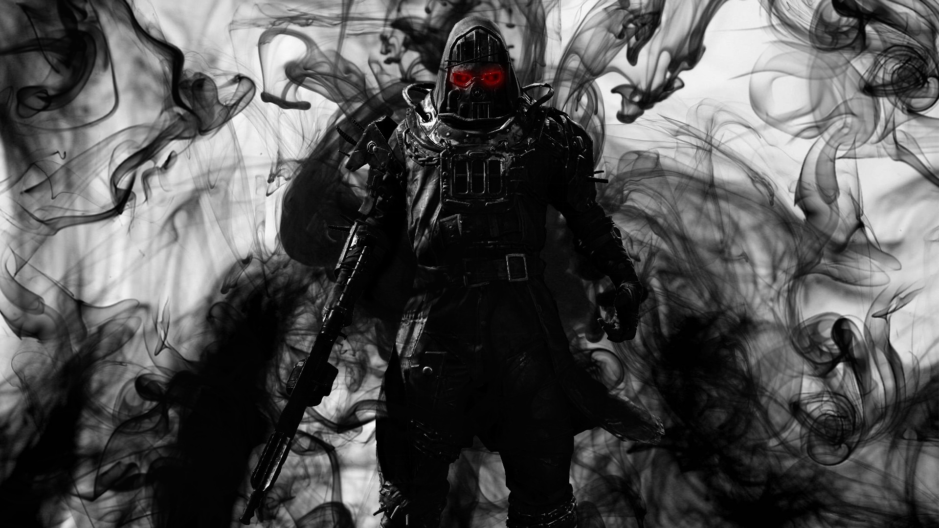 General 1920x1080 digital art red eyes selective coloring weapon smoke shapes armor dark
