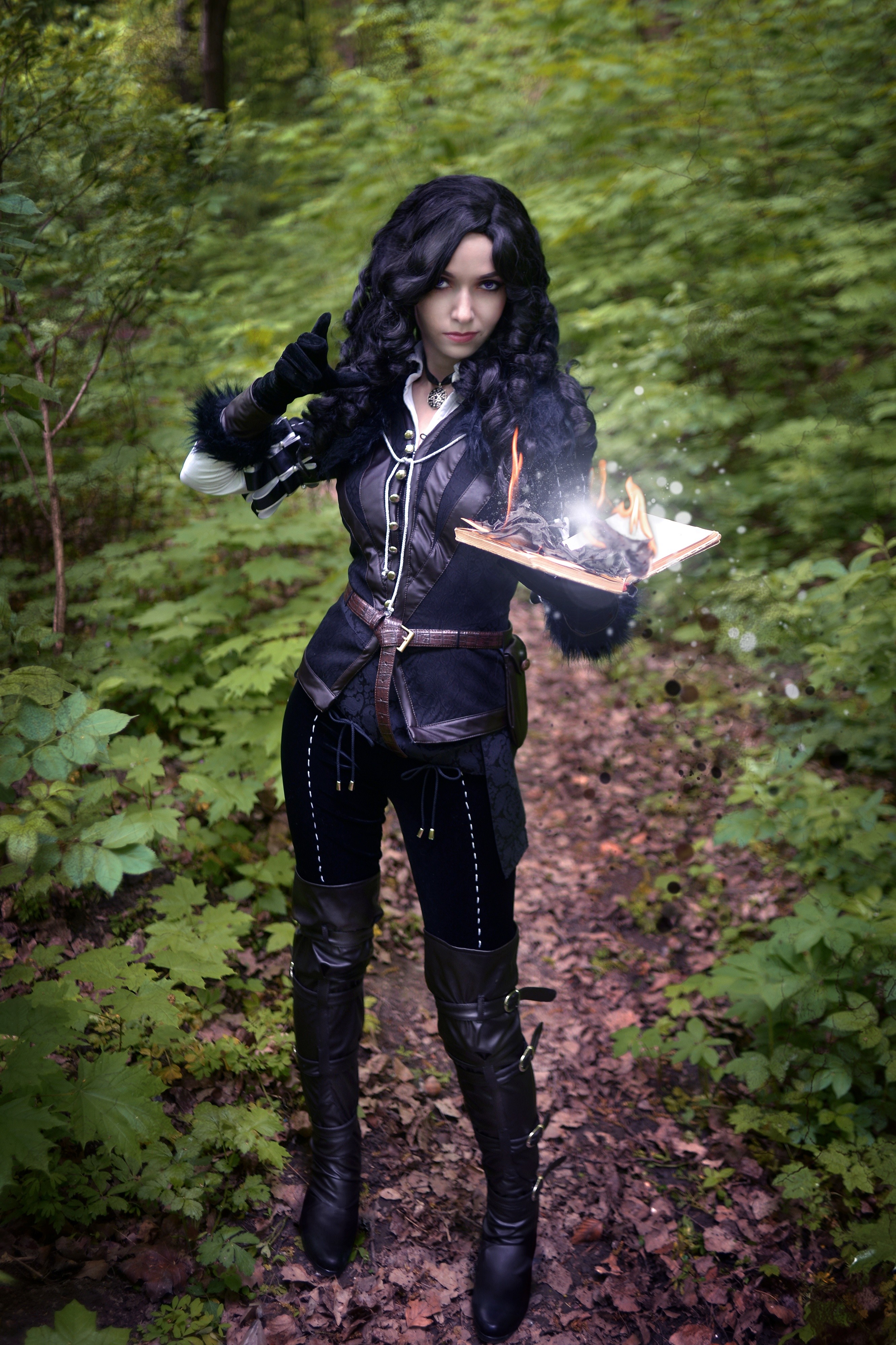 People 2664x4000 The Witcher 3: Wild Hunt Yennefer of Vengerberg cosplay knee-high boots video game characters women model fire magic black hair women outdoors outdoors standing costumes video game girls