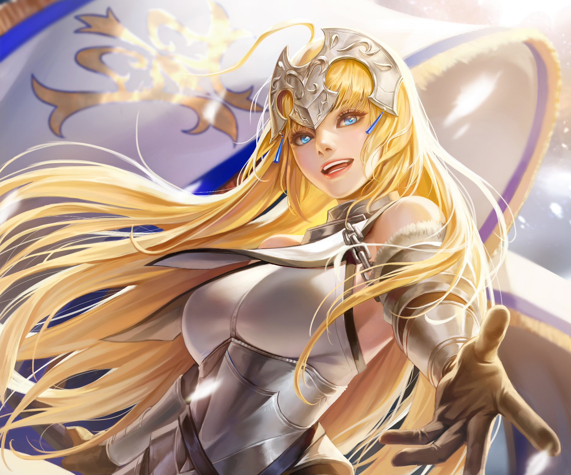 Anime 1920x1600 Fate/Grand Order Fate series Fate/Apocrypha  Ruler (Fate/Apocrypha) flag blue eyes blonde long hair anime girls video games Jeanne d'Arc (Fate) cropped