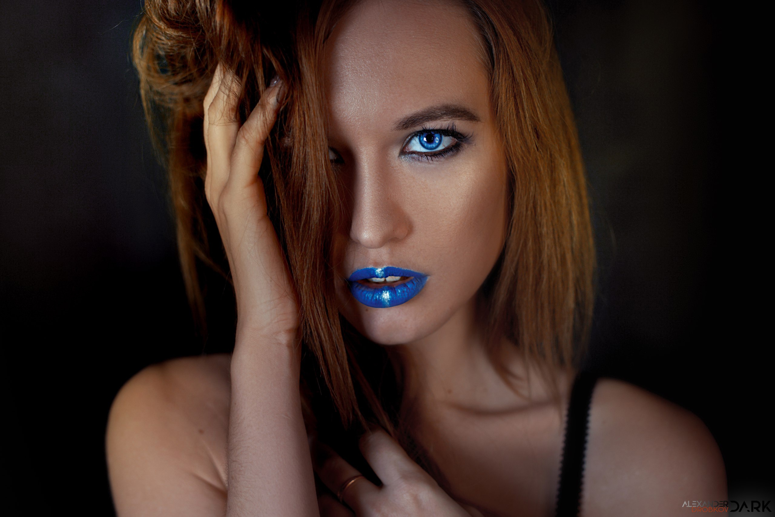People 2560x1707 portrait blue lipstick makeup women face Alexander Drobkov blue eyes redhead