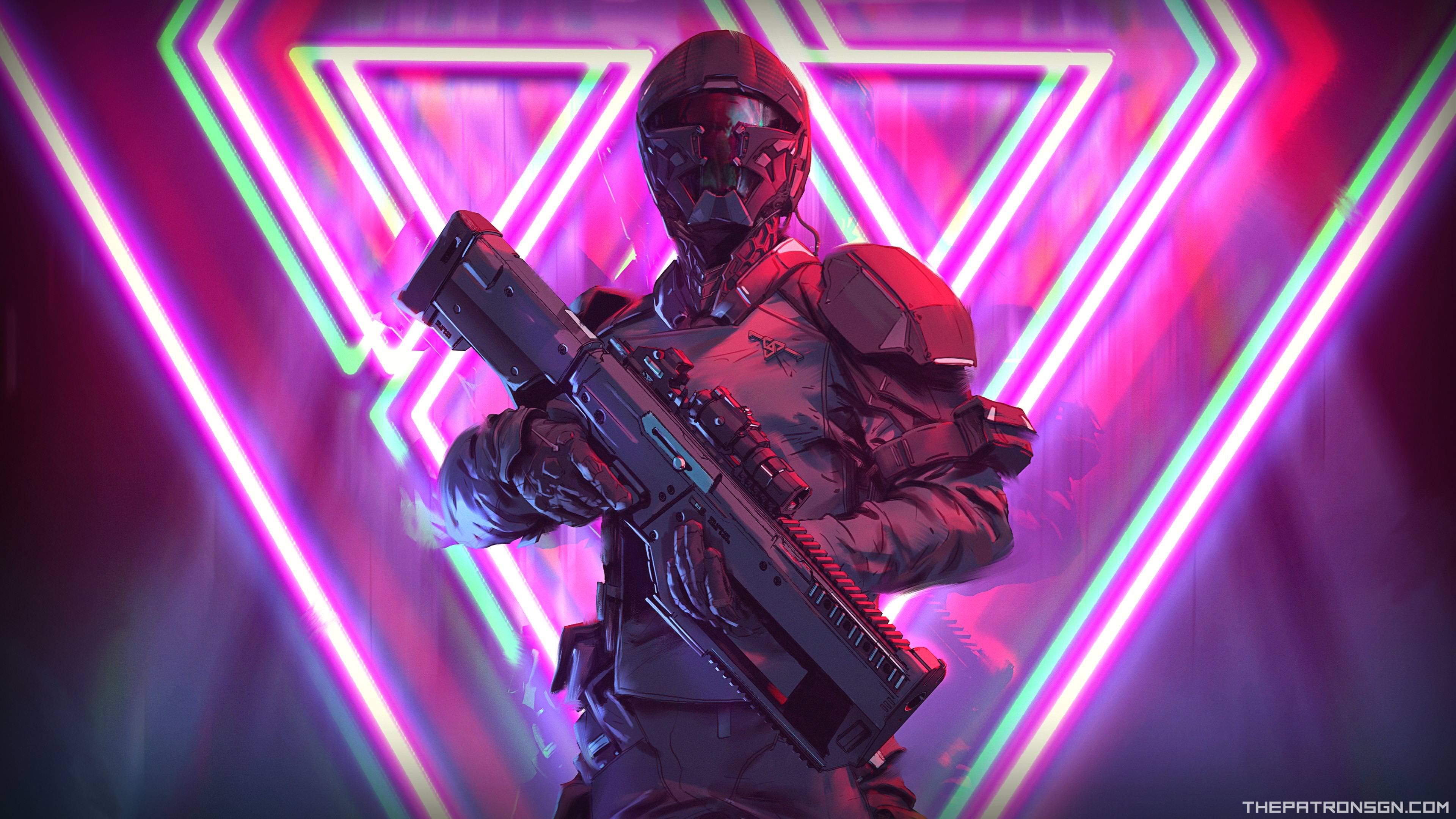 General 3840x2160 neon weapon soldier futuristic helmet science fiction gun men