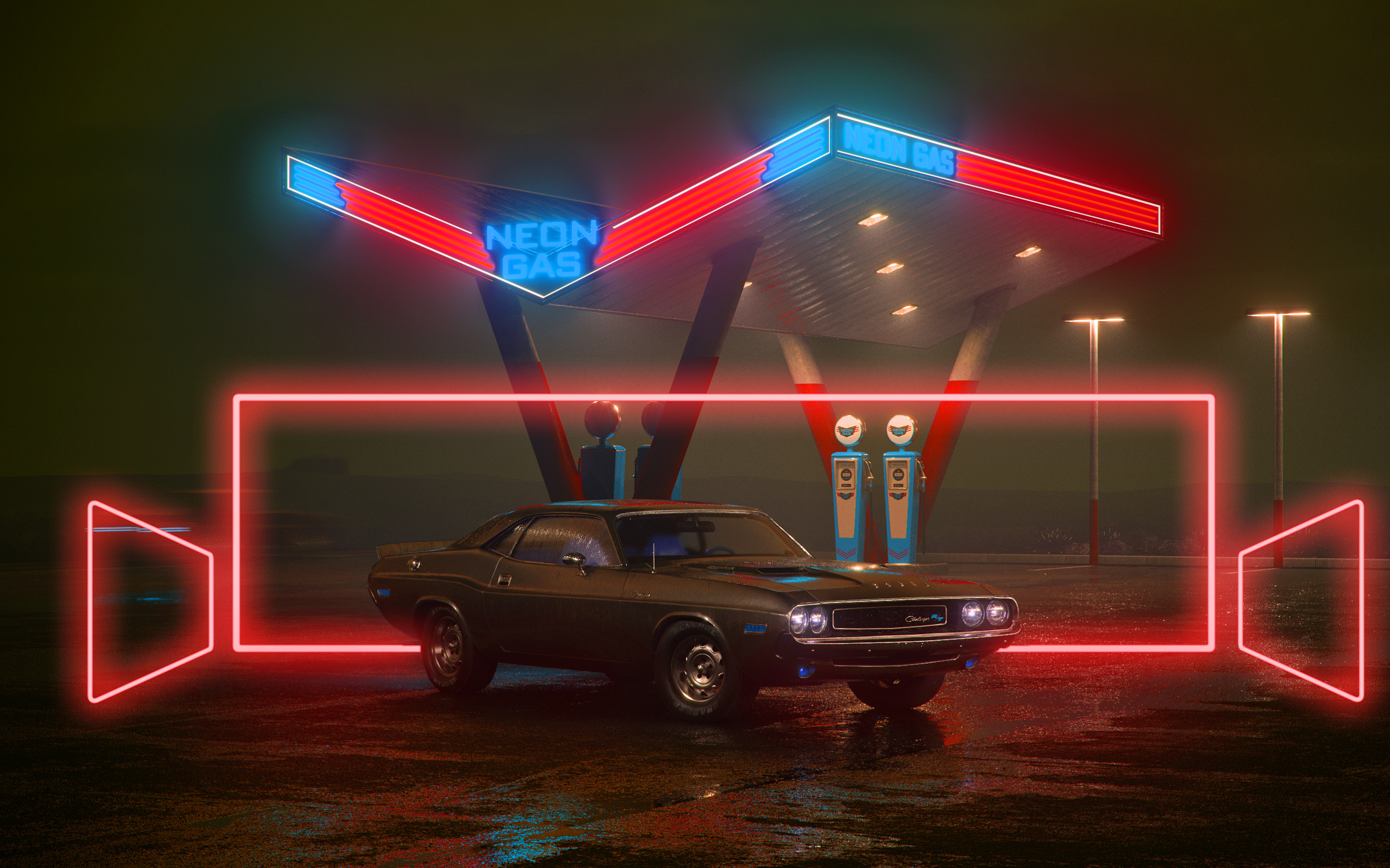 General 2500x1562 car neon night old old car glowing Dodge Dodge Challenger muscle cars American cars digital art