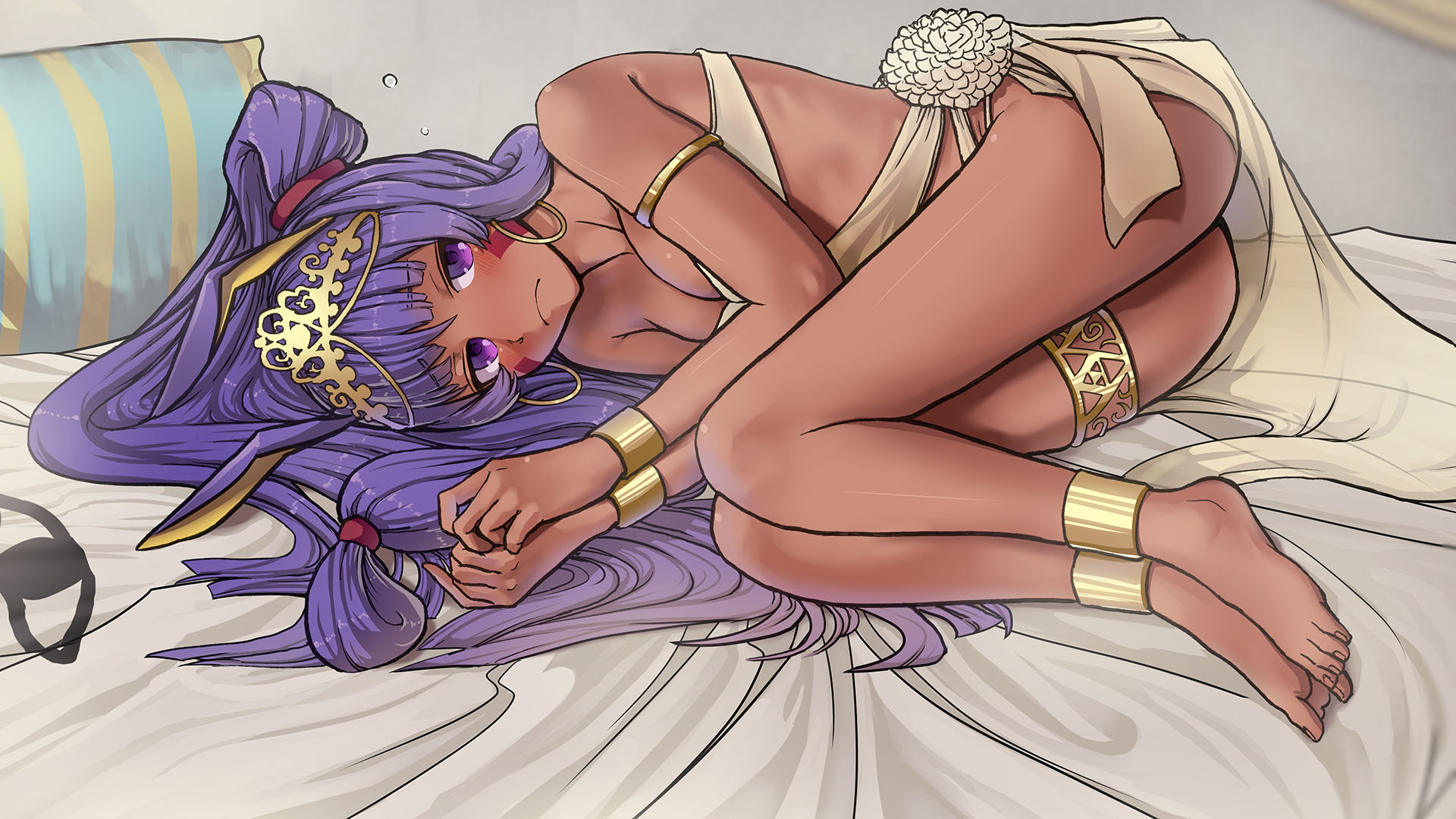 Anime 1920x1080 long hair barefoot anime girls dark skin purple hair purple eyes in bed lying on side cleavage artwork Fate series Fate/Grand Order Nitocris (Fate/Grand Order)