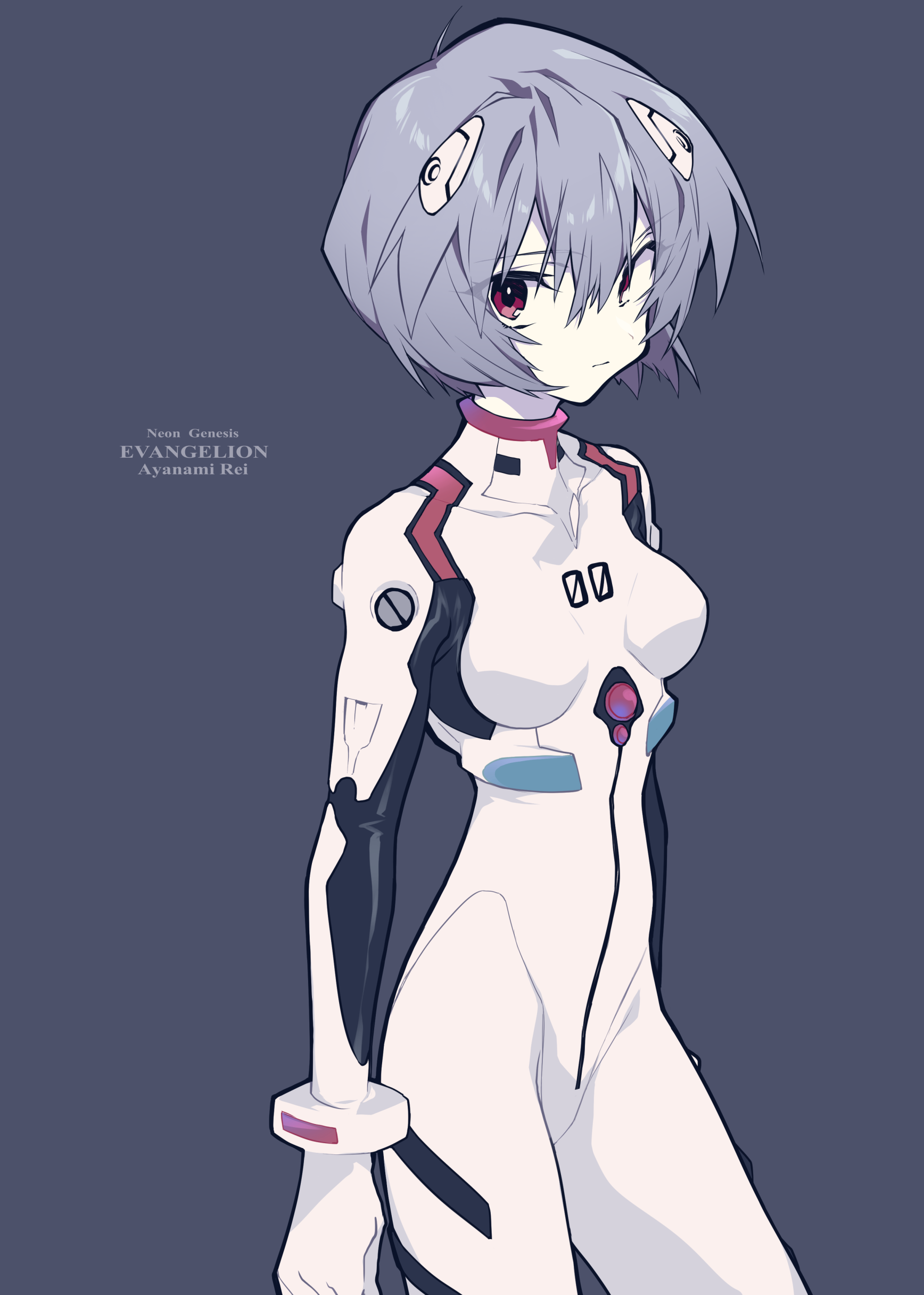 Anime 1736x2431 Neon Genesis Evangelion anime girls Ayanami Rei short hair blue hair hair in face red eyes simple background plugsuit small boobs curvy thighs the gap 2D anime portrait display looking at viewer standing fan art Kei Mochizuki