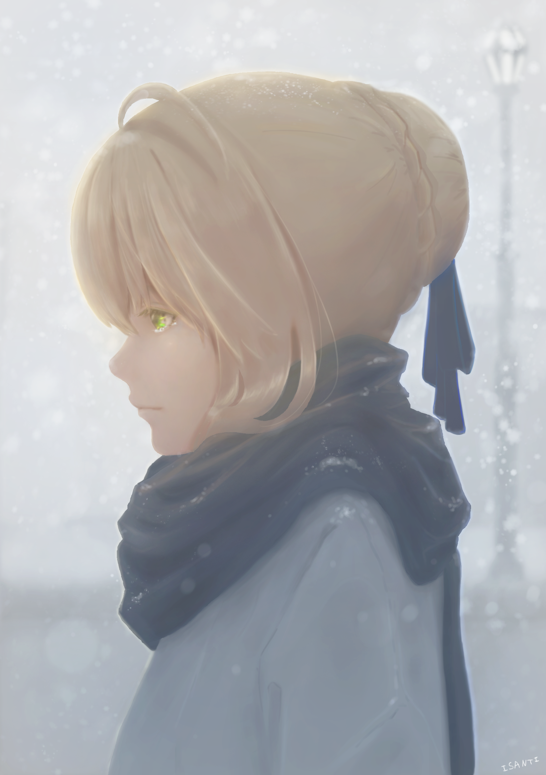 Anime 1748x2480 Fate series Fate/Stay Night anime girls Saber 2D winter scarf braids green eyes crying snowing fan art blonde Artoria Pendragon