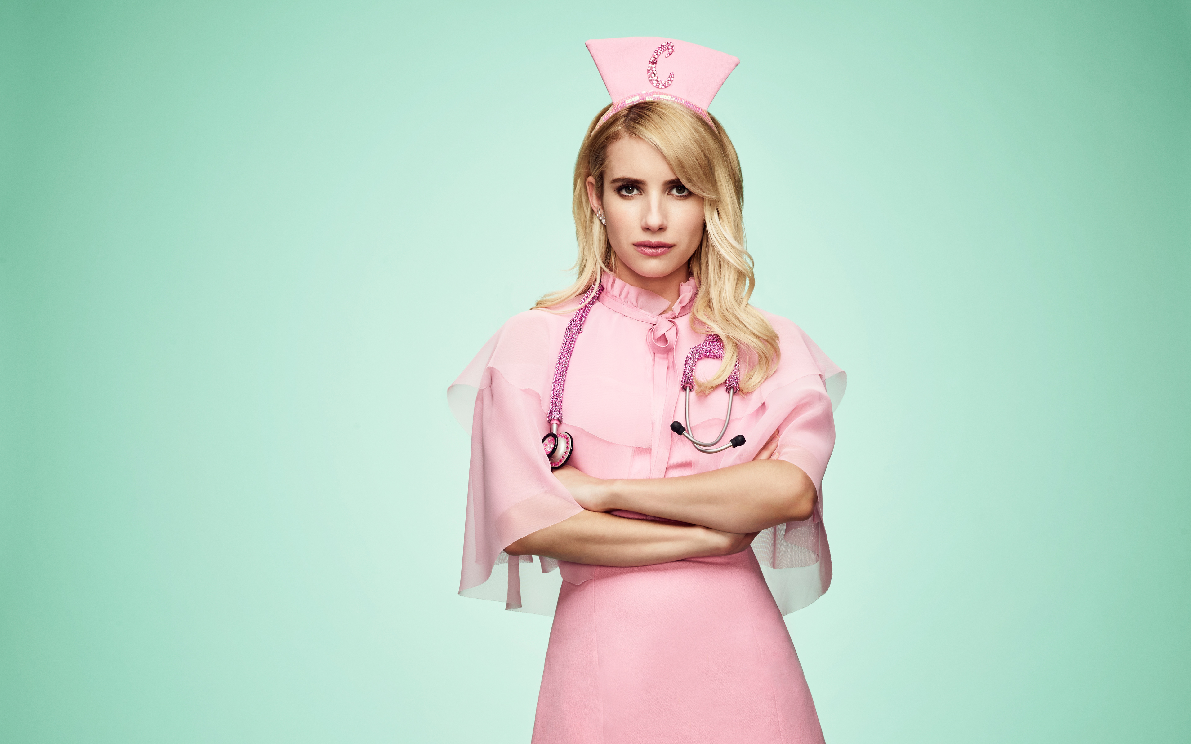 People 3840x2400 Emma Roberts actress simple background blonde women women indoors indoors studio gradient green background arms crossed pink clothing nurses nurse outfit lipstick eyeliner dyed hair long hair standing stethoscope American women