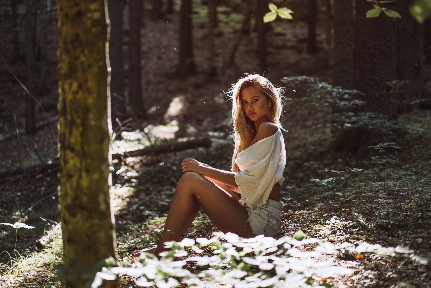 People 1500x1001 nature forest women outdoors Paul Toma sitting women model bare shoulders white shorts
