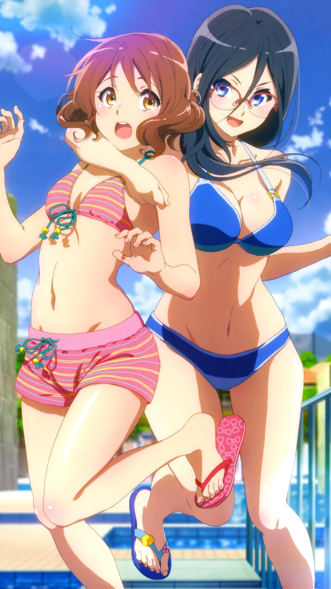 Anime 1080x1920 Oumae Kumiko Tanaka Asuka Hibike! Euphonium anime girls bikini cleavage glasses blue eyes swimming pool