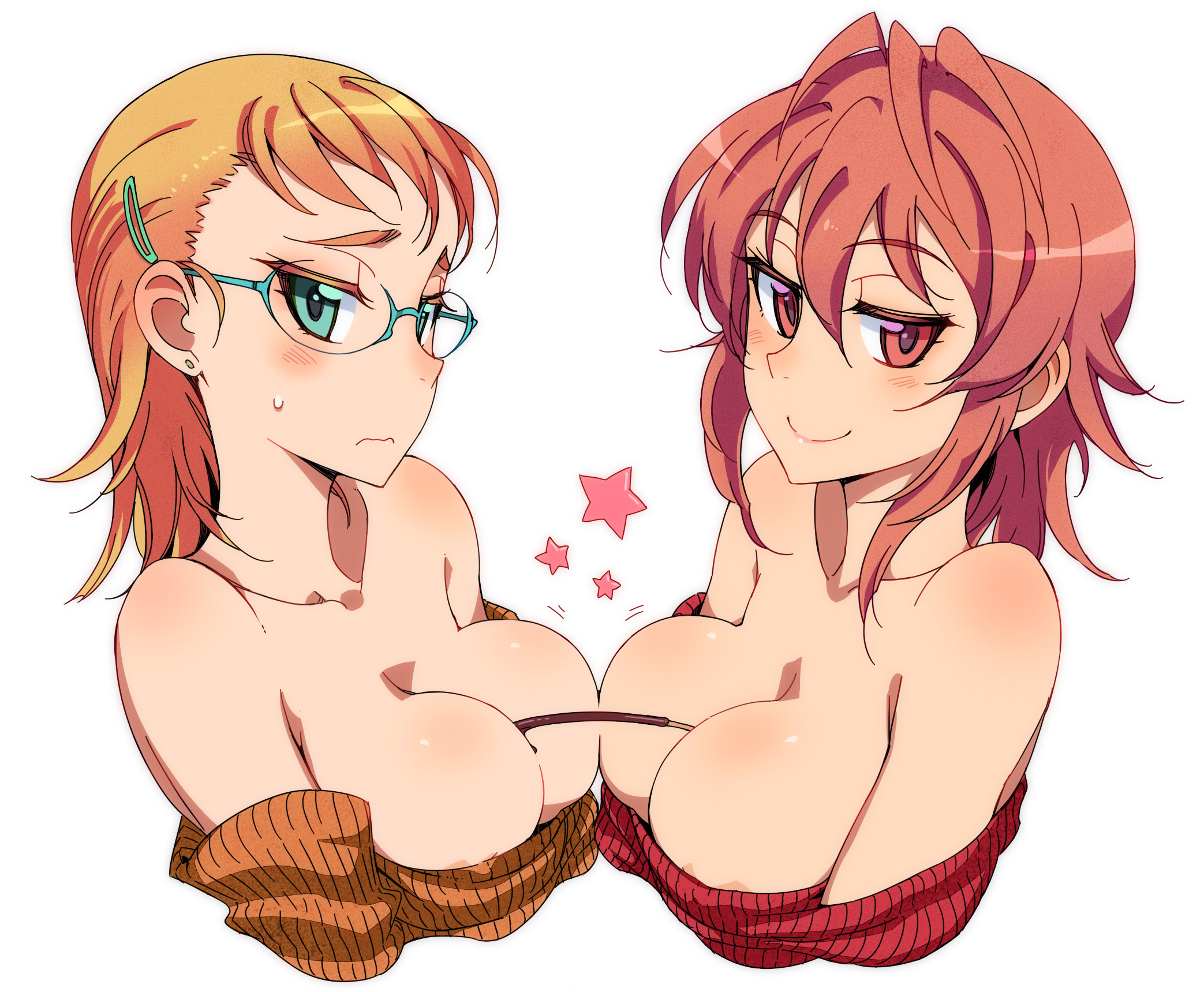 Anime 2086x1719 Kusanagi Tonbo original characters cleavage glasses Pocky white background redhead big boobs topless