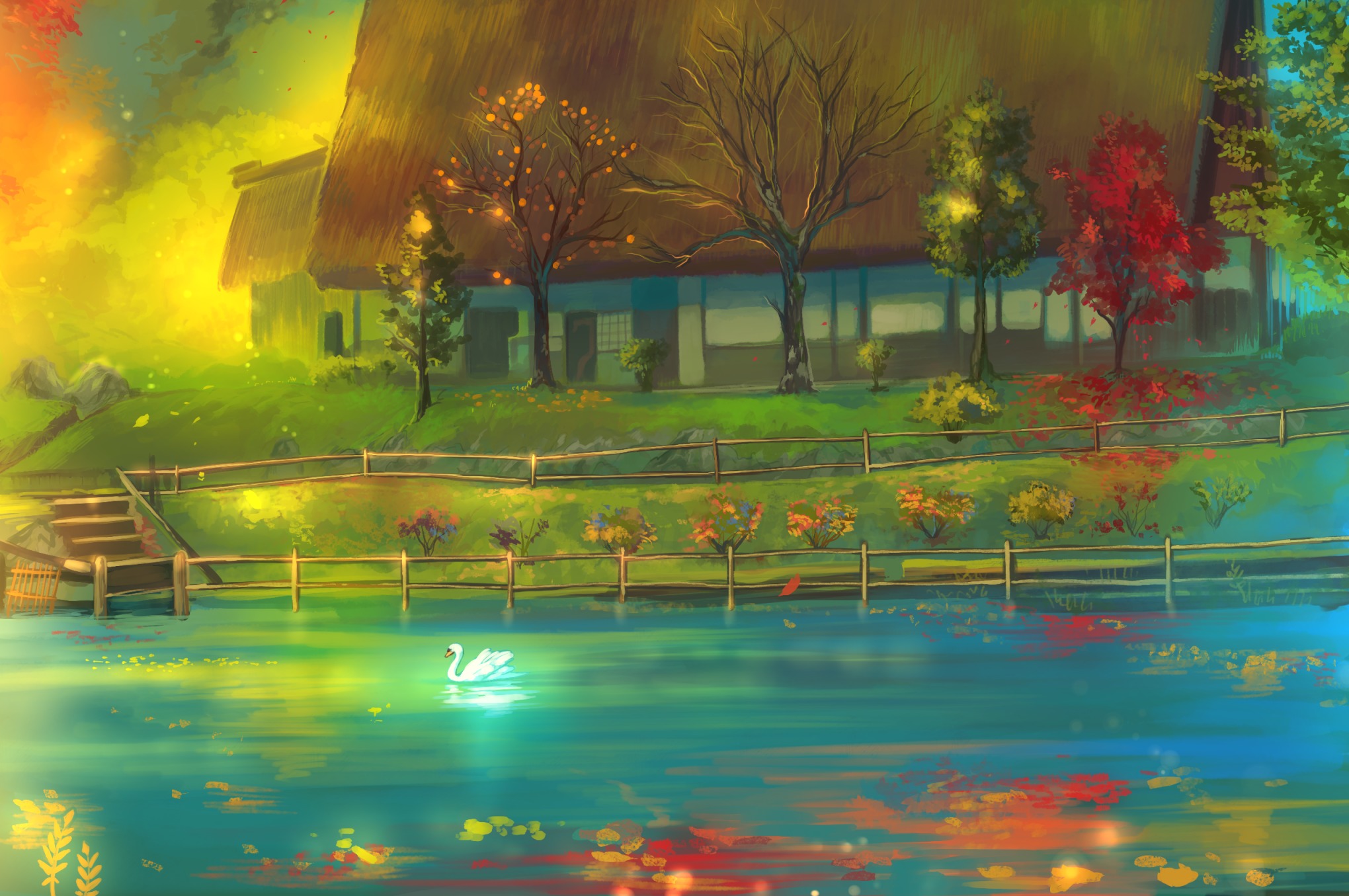 General 2040x1355 fantasy art artwork colorful swans house fall water digital art