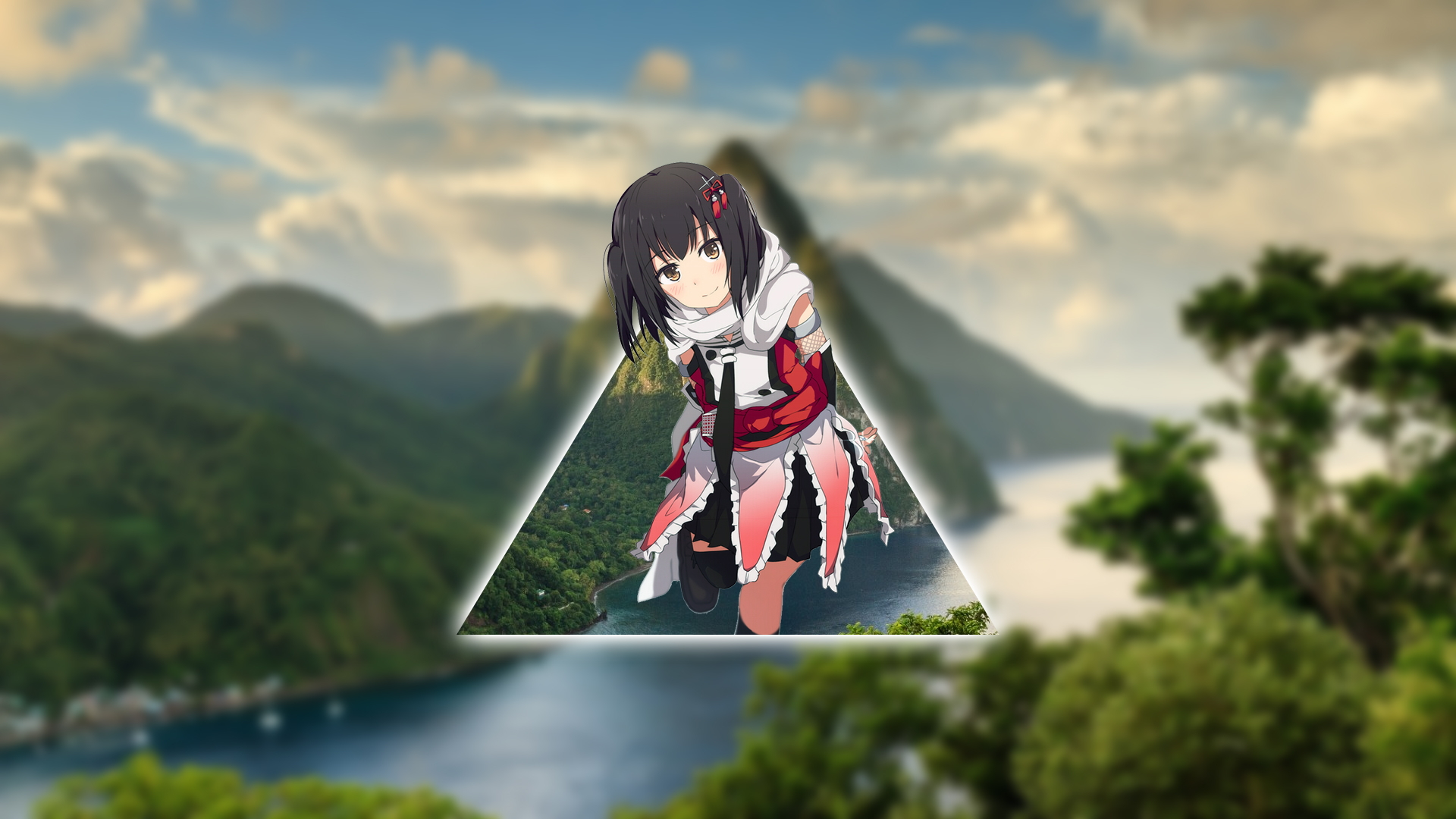 Anime 1920x1080 anime anime girls picture-in-picture Kantai Collection St. Lucia Caribbean dark hair triangle looking at viewer digital art smiling photo manipulation sky clouds water trees closed mouth blushing Sendai (KanColle) uniform scarf