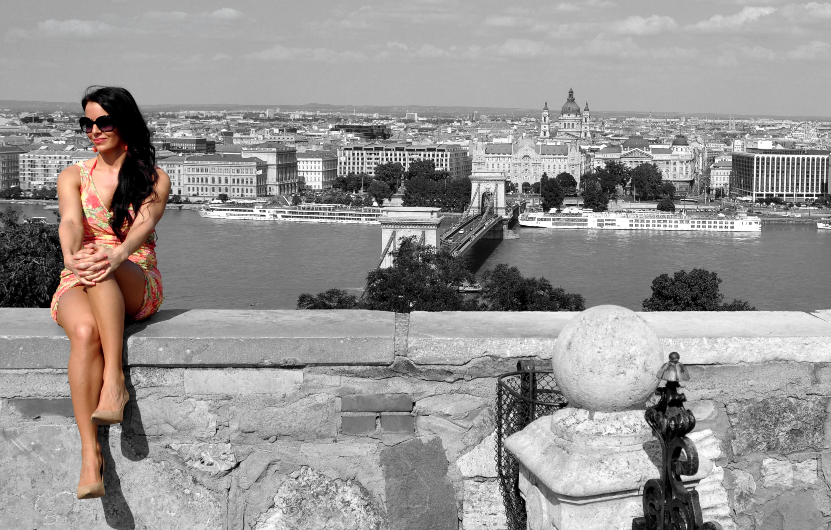People 2804x1788 women model long hair women outdoors bridge Chain Bridge Budapest Hungary cityscape selective coloring Danube building women with shades legs high heels minidress cathedral Hungarian sunglasses ship river