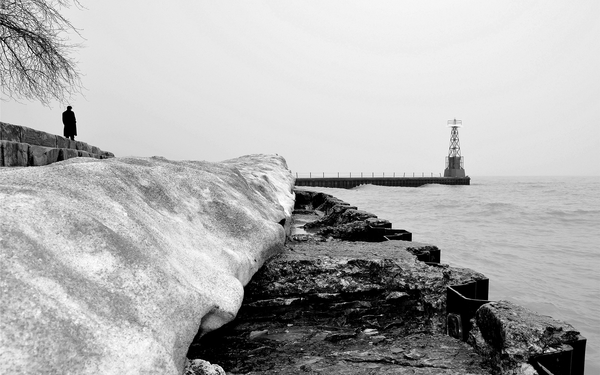 General 1920x1200 monochrome sea winter ice coast gloomy overcast walking waves pier