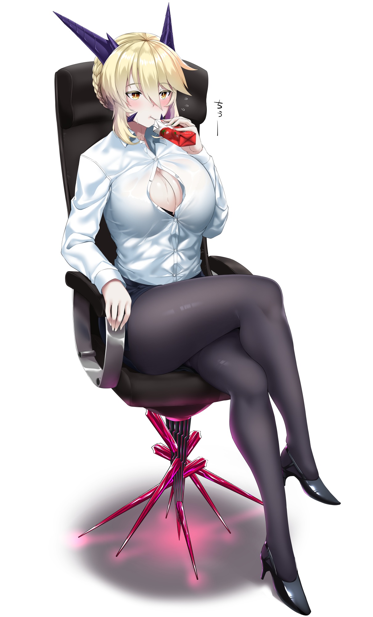 Anime 1210x2000 bra cleavage Fate/Grand Order heels horns open shirt pantyhose white background anime girls eating office girl Fate series 2D big boobs huge breasts