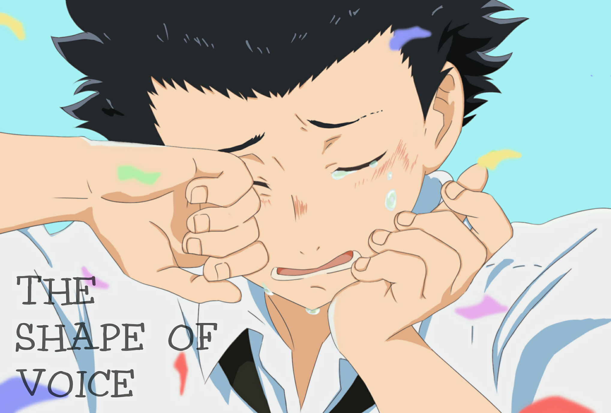 Anime 2037x1376 Koe no Katachi. anime boys Ishida Shōya crying black hair 2D short hair closed eyes hand on face school uniform simple background fan art