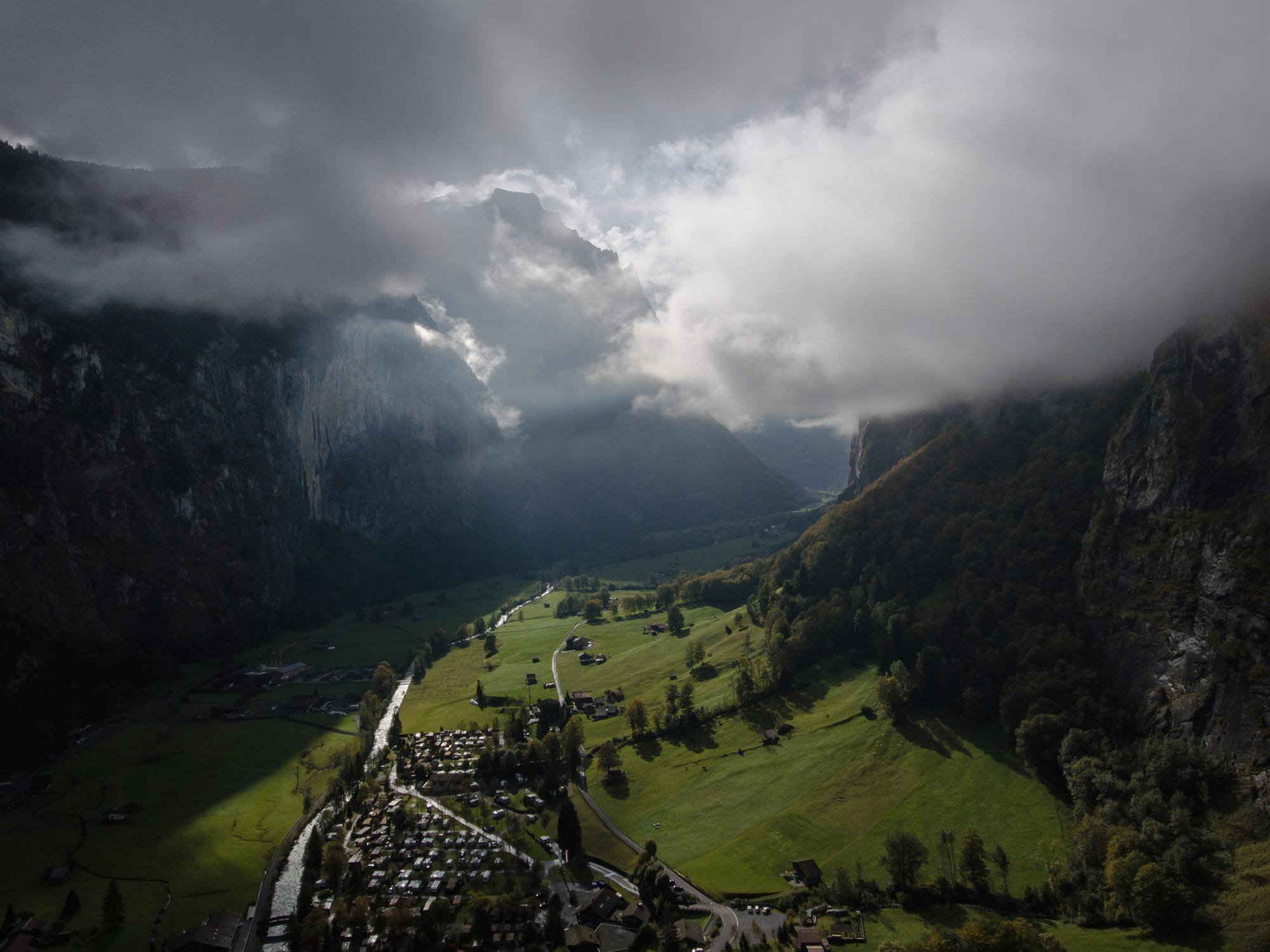 General 2000x1499 nature landscape trees house clouds mountains field Switzerland Lauterbrunnen aerial view