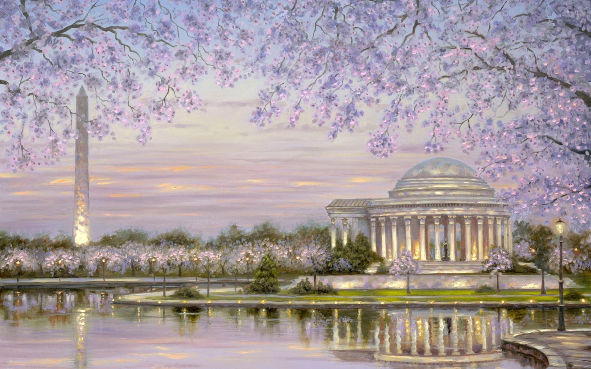 General 1920x1200 painting building river spring blossoms Washington, D.C. Washington Monument