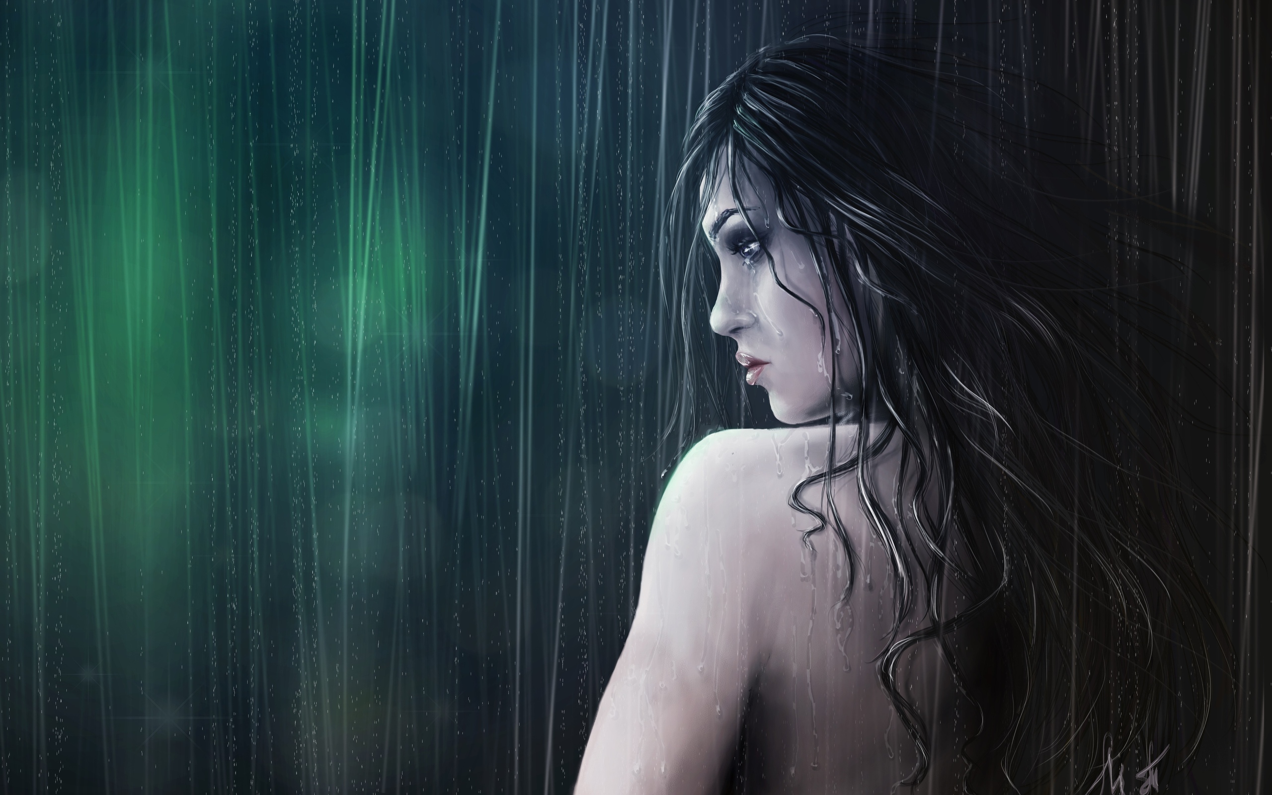 General 2560x1600 women bare shoulders rain artwork digital art tears