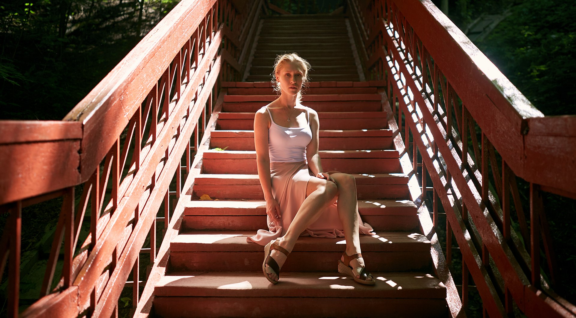People 1920x1062 women Russian women actress Chill Out women outdoors face blonde skirt stairs forest moles photography