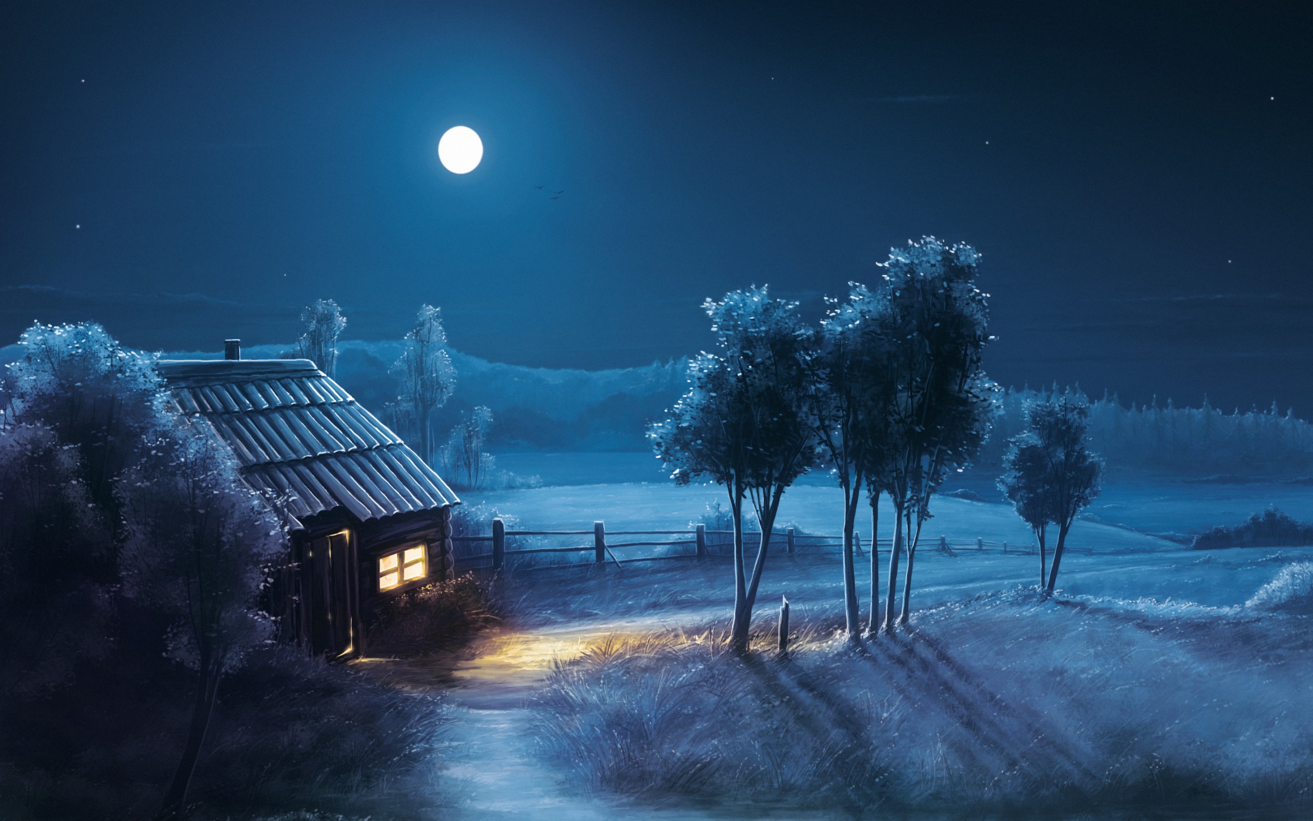 General 2560x1600 landscape night Moon stars dark artwork cabin blue calm fence