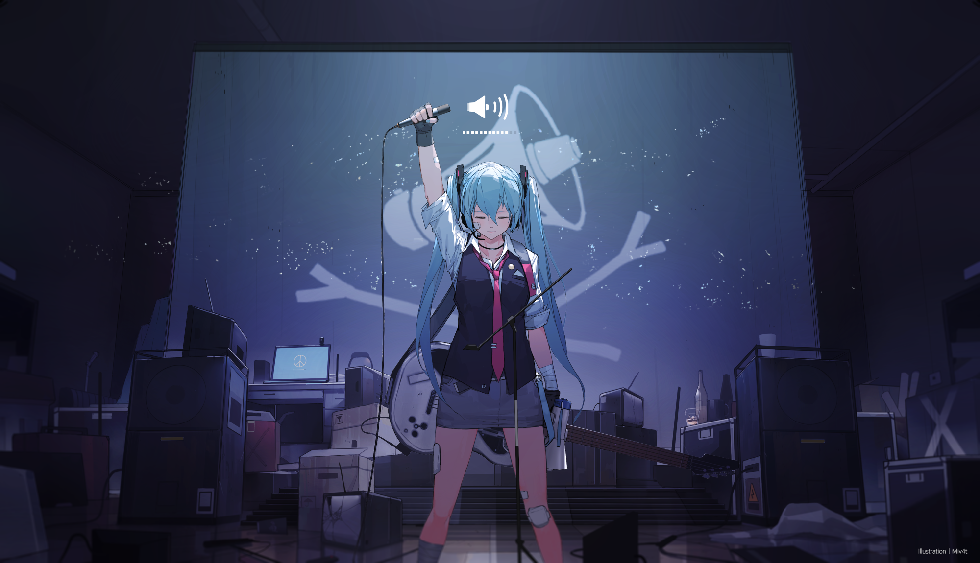 Anime 2000x1150 Hatsune Miku Vocaloid microphone Miv4t anime girls twintails hair between eyes standing closed eyes closed mouth long hair blue hair rolled sleeves Band-Aid musical instrument guitar speakers skirt tie watermarked gloves blue nails painted nails