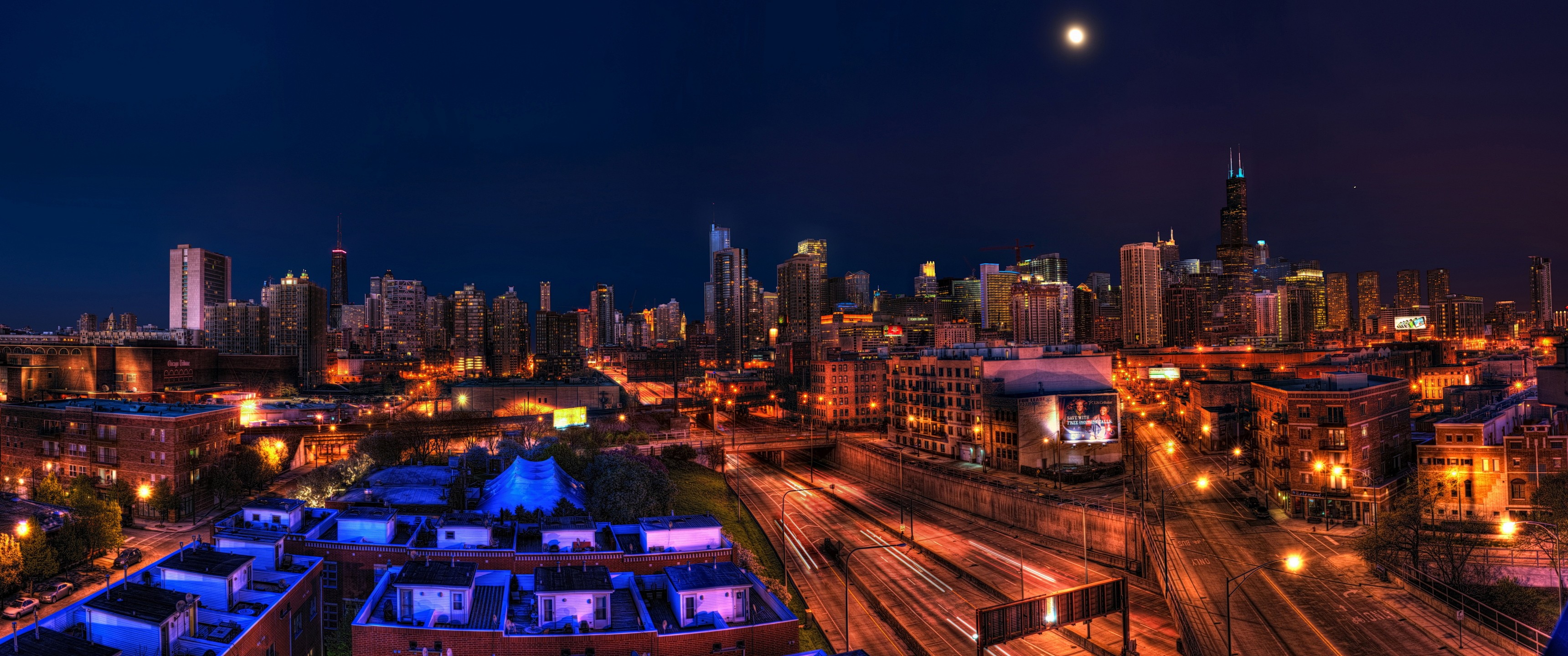 General 3440x1440 ultrawide night cityscape Chicago Illinois USA skyline low light HDR