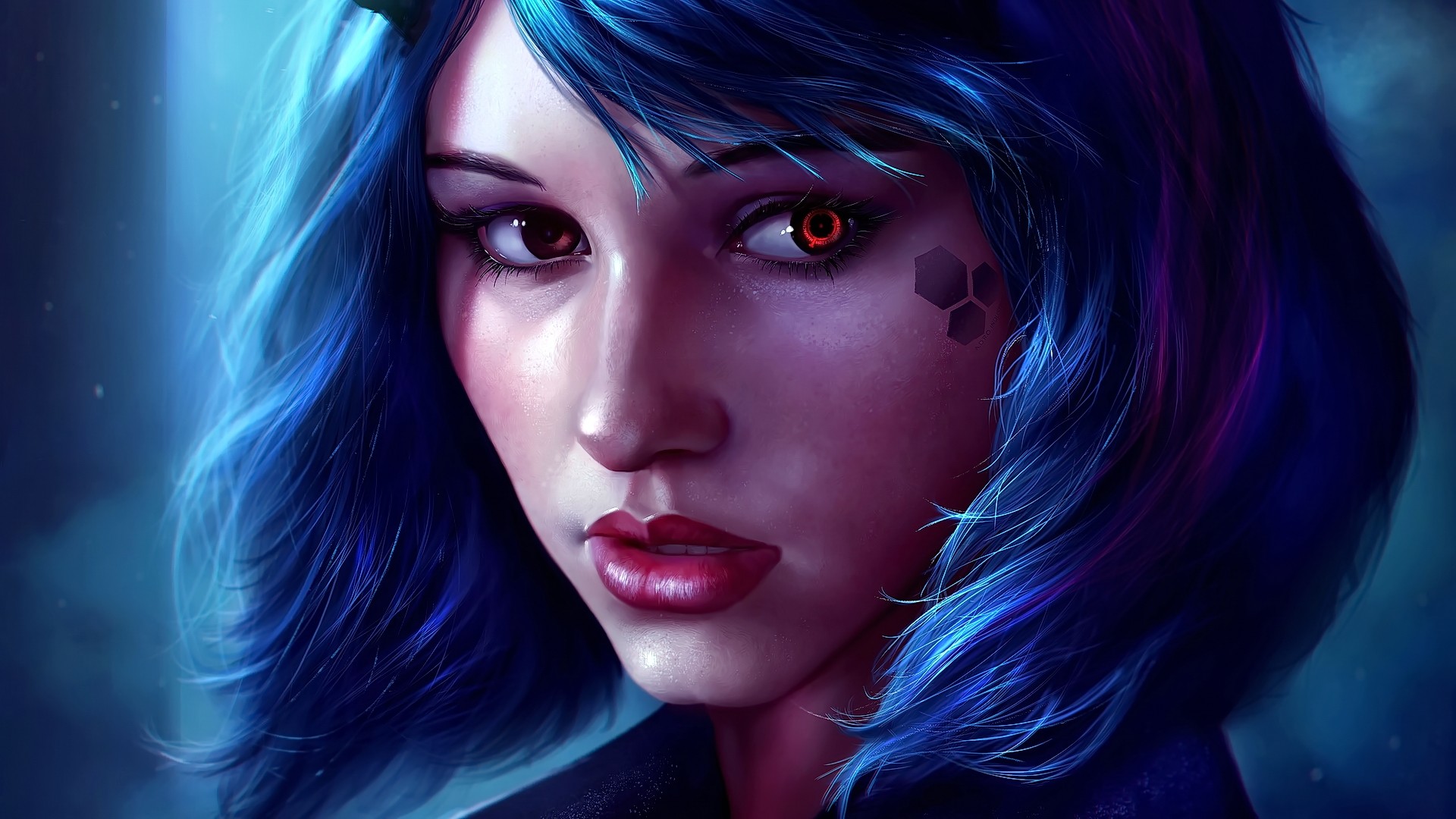General 1920x1080 blue hair original characters realistic red eyes looking away women face closeup red lipstick shoulder length hair portrait inked girls