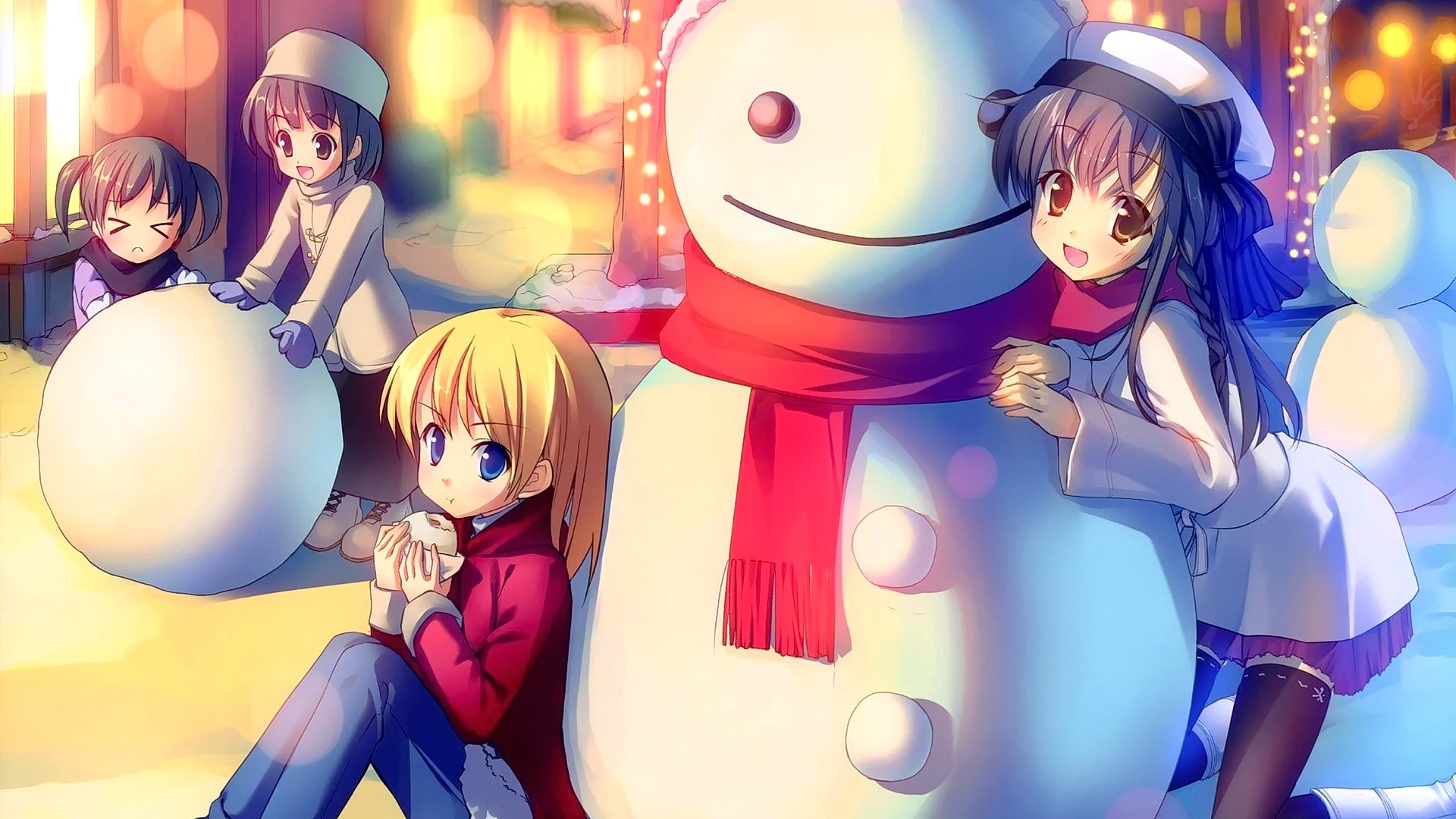 Anime 1920x1080 anime anime girls snow scarf original characters snowman eating anime girls eating winter loli