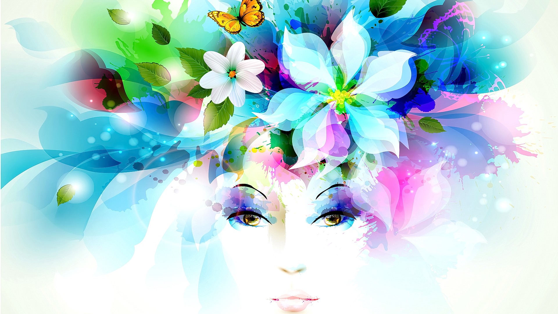 General 1920x1080 flowers eyes colorful white blue white background women artwork butterfly