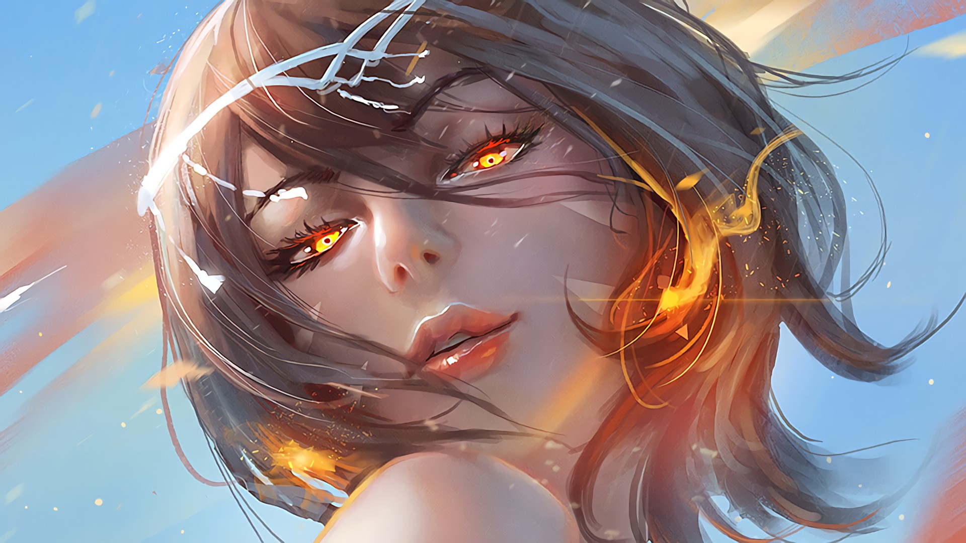Anime 1920x1080 anime girls fantasy art original characters fire looking at viewer face DeviantArt closeup hair in face anime women glowing eyes fantasy girl