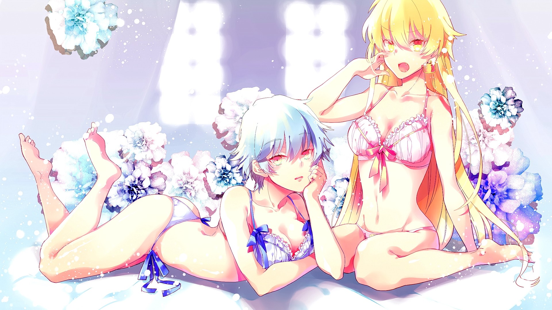 Anime 1920x1080 anime anime girls Fate/Stay Night Gintama Gilgamesh Sakata Gintoki Fate series underwear lying on front two women belly barefoot lingerie open mouth blonde cyan hair ass