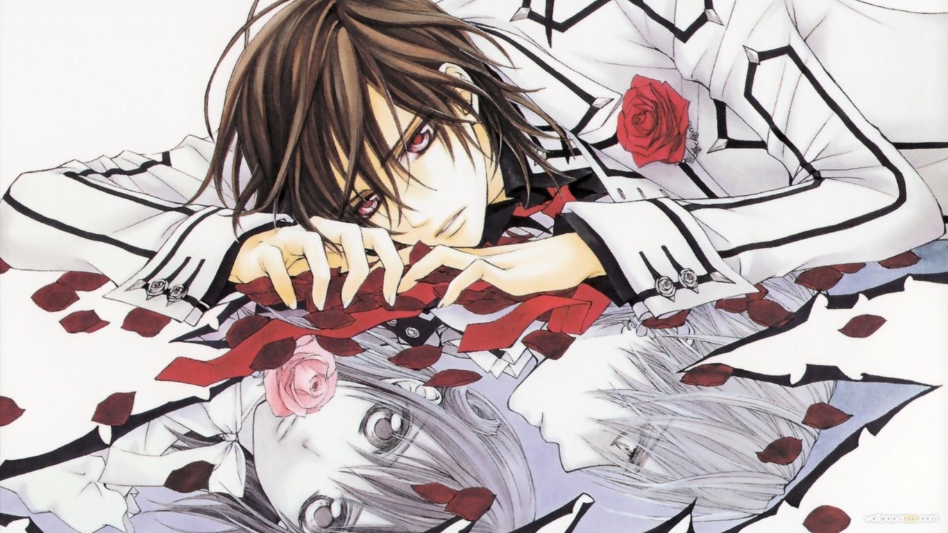 Anime 1366x768 Vampire Knight anime boys brunette flowers white background simple background red eyes rose petals red flowers