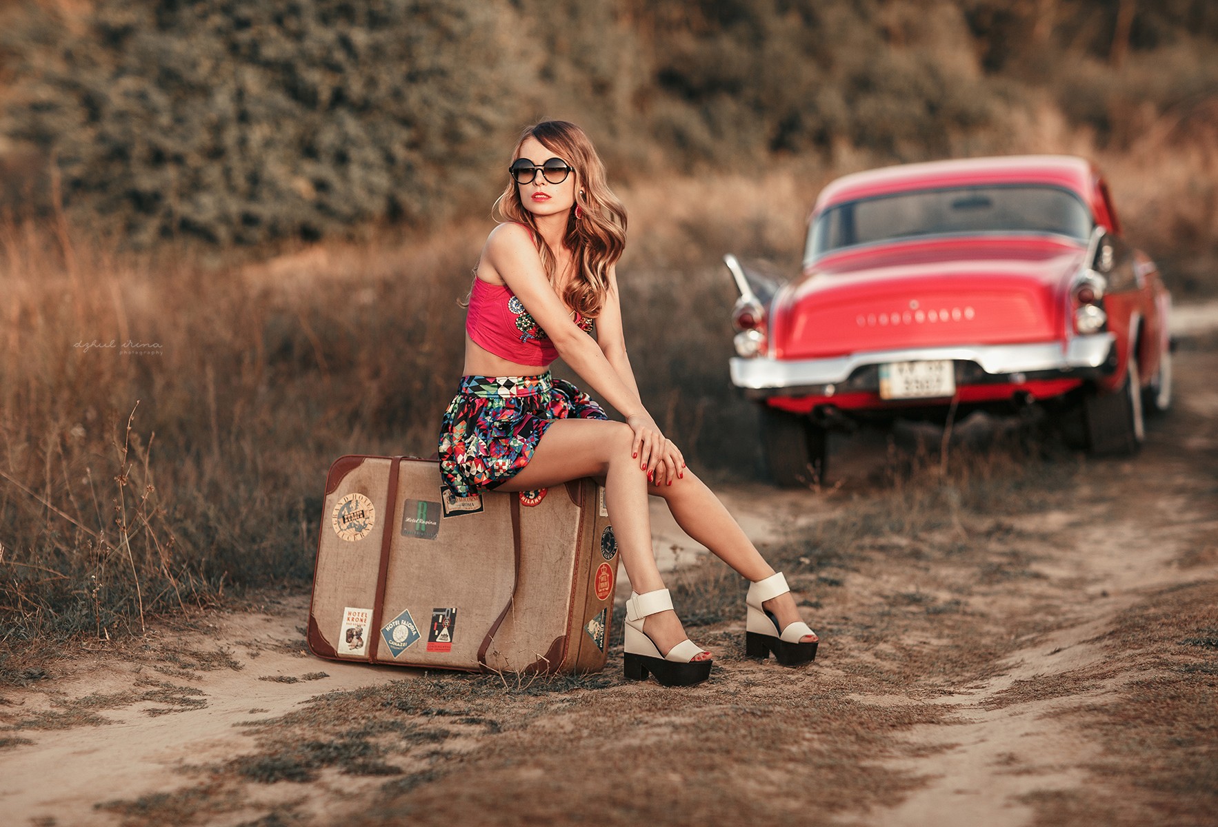 People 1766x1200 women with cars women Irina Dzhul miniskirt crop top women outdoors women with shades brunette painted nails red lipstick sitting red cars hands on knees car vehicle sunglasses red nails