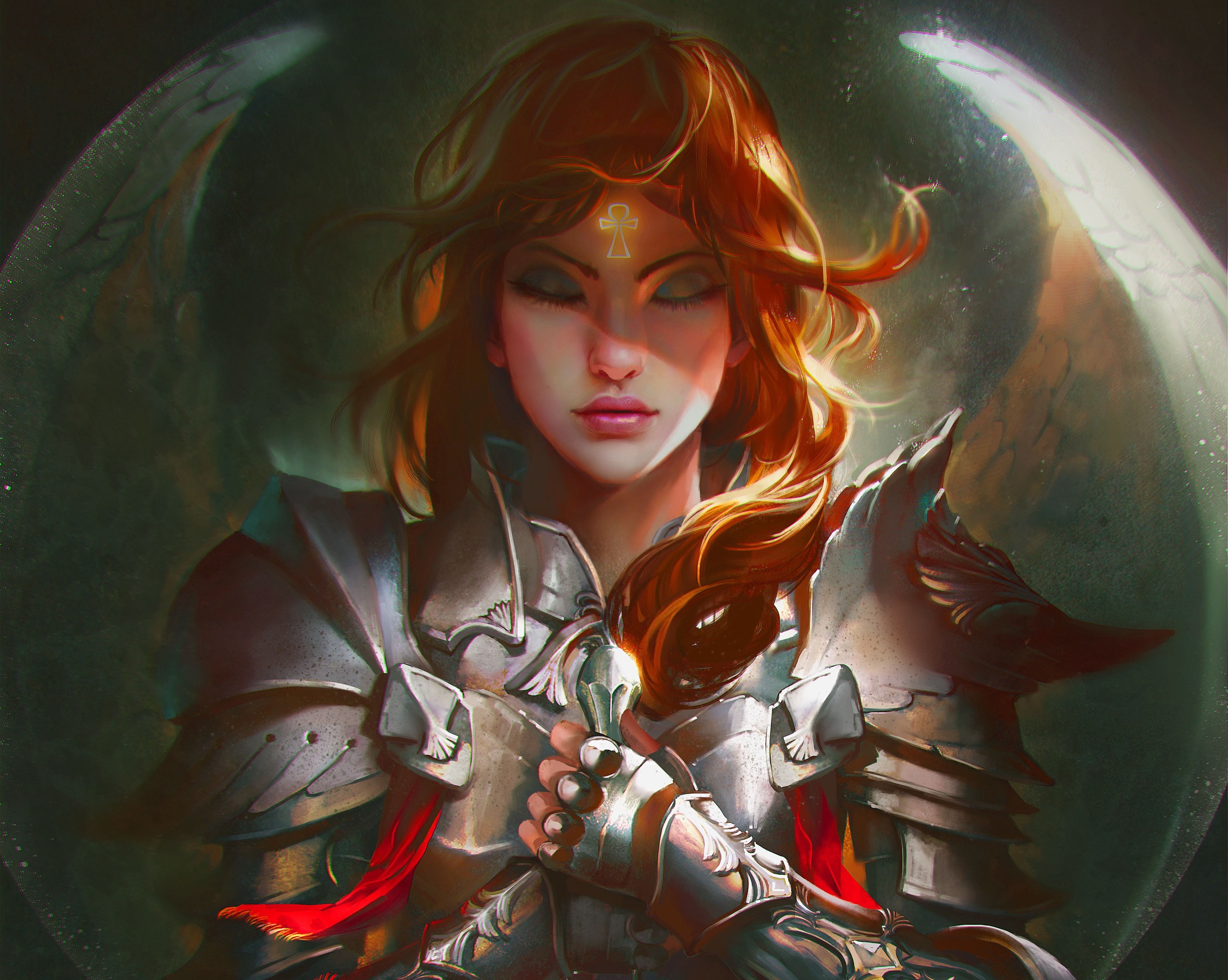 General 3508x2800 fantasy art women artwork redhead wings fantasy girl face fantasy armor armor closed eyes