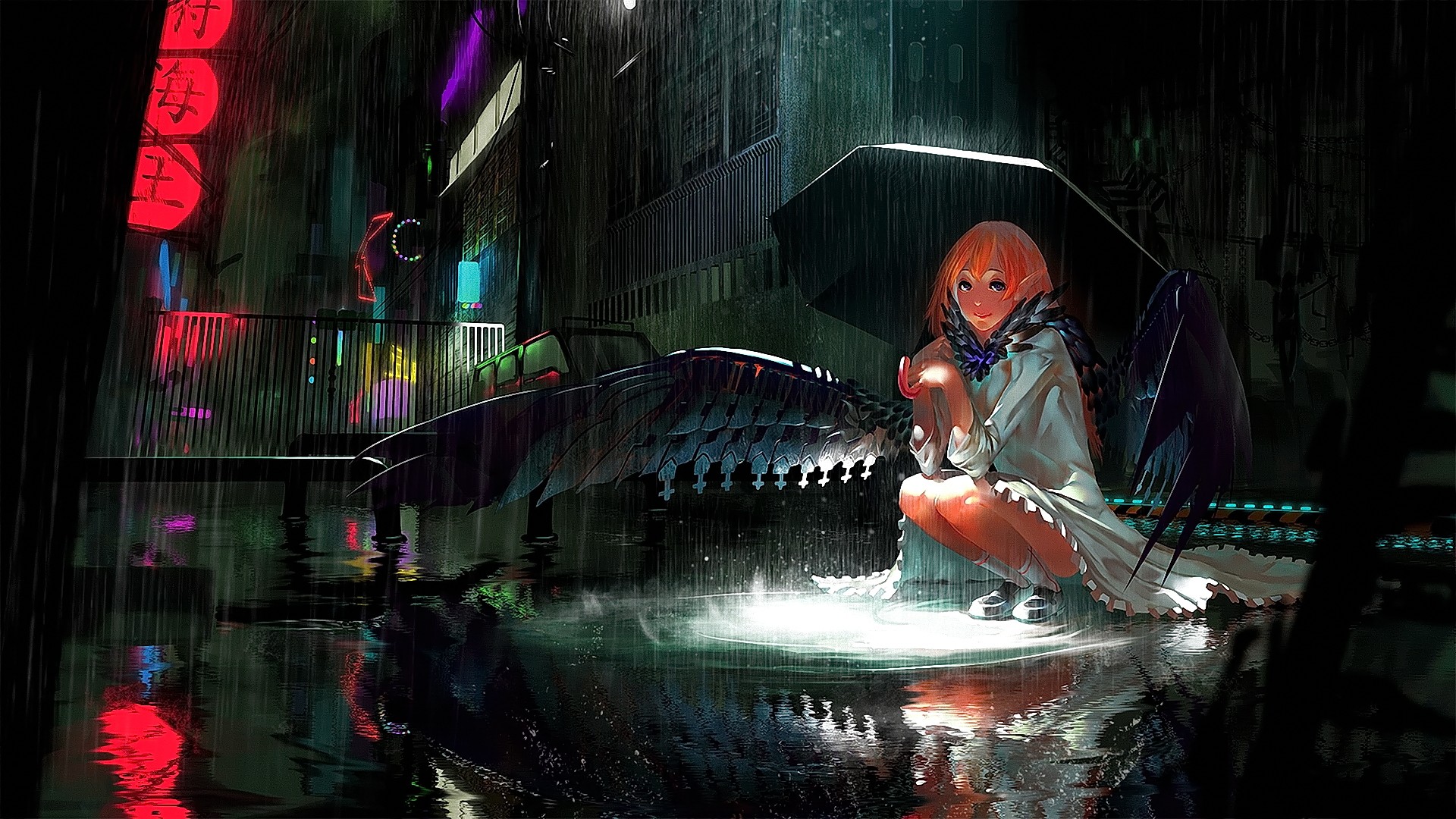 Anime 1920x1080 anime anime girls original characters rain pointy ears umbrella redhead wings sitting smiling city women with umbrella looking at viewer night squatting