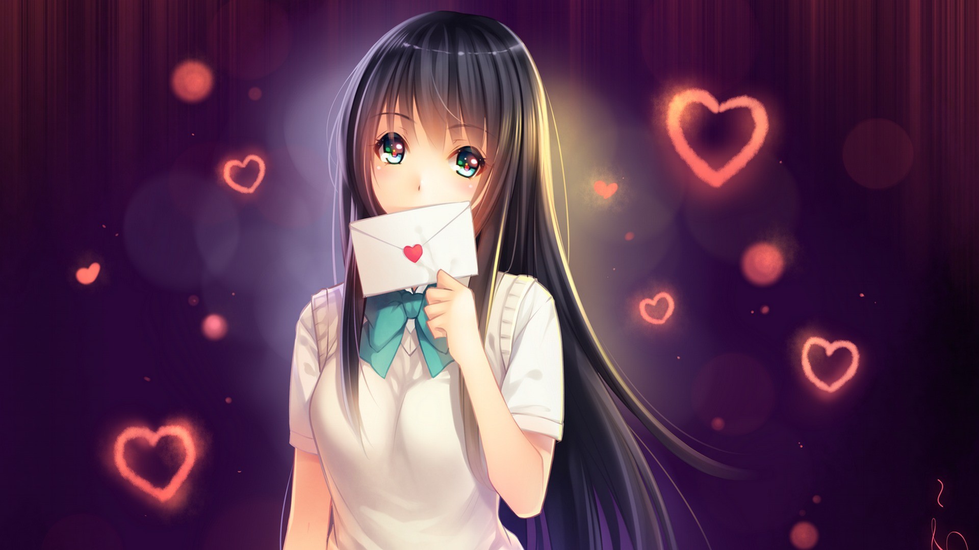 Anime 1920x1080 anime anime girls letter love long hair school uniform cropped artwork Tidsean heart (design) black hair green eyes